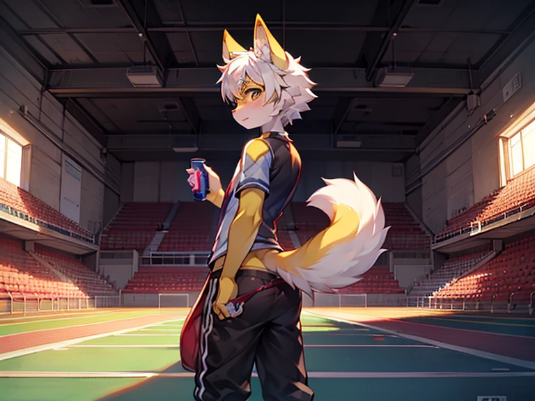 Shota,Yellow fur,Briefs,soccer court,Football socks,single sandal,Humanity,male people,white color hair,a small braid,