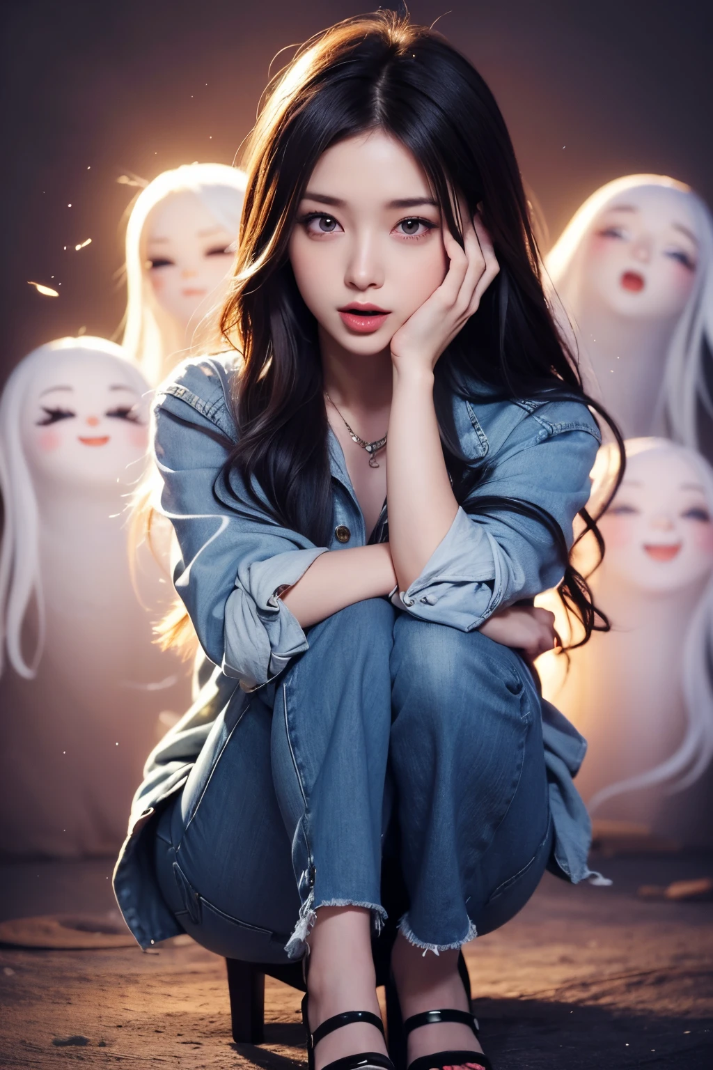 Photorealistic chibi art style, a beautiful woman in jeans and high heels, facing the viewers pretending to be scared, both hands on face, artistic, artist, simple volumtric light background, swirling clouds, ColorART, many cute ghosts with tongues out, chibi,