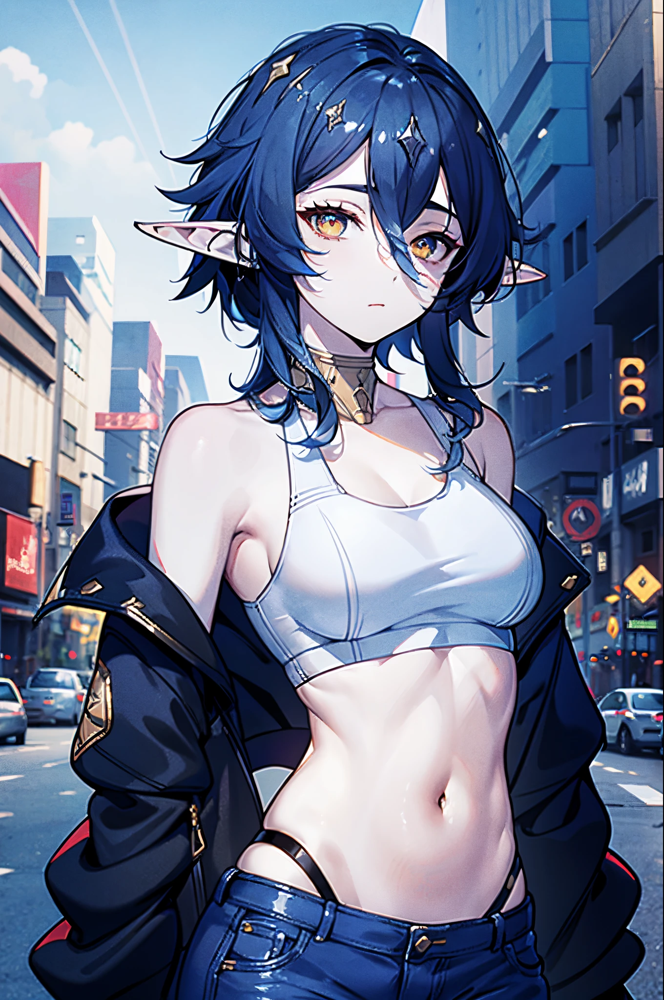 (masterpiece:1.2), (pale skin:1.2), (solo:1.2), (female:1.1), (emphasis lines:1.3), short hair, dark blue hair, elf ears, golden eyes, outdoors, crop top, navel, collarbone, modern, jeans, open jacket