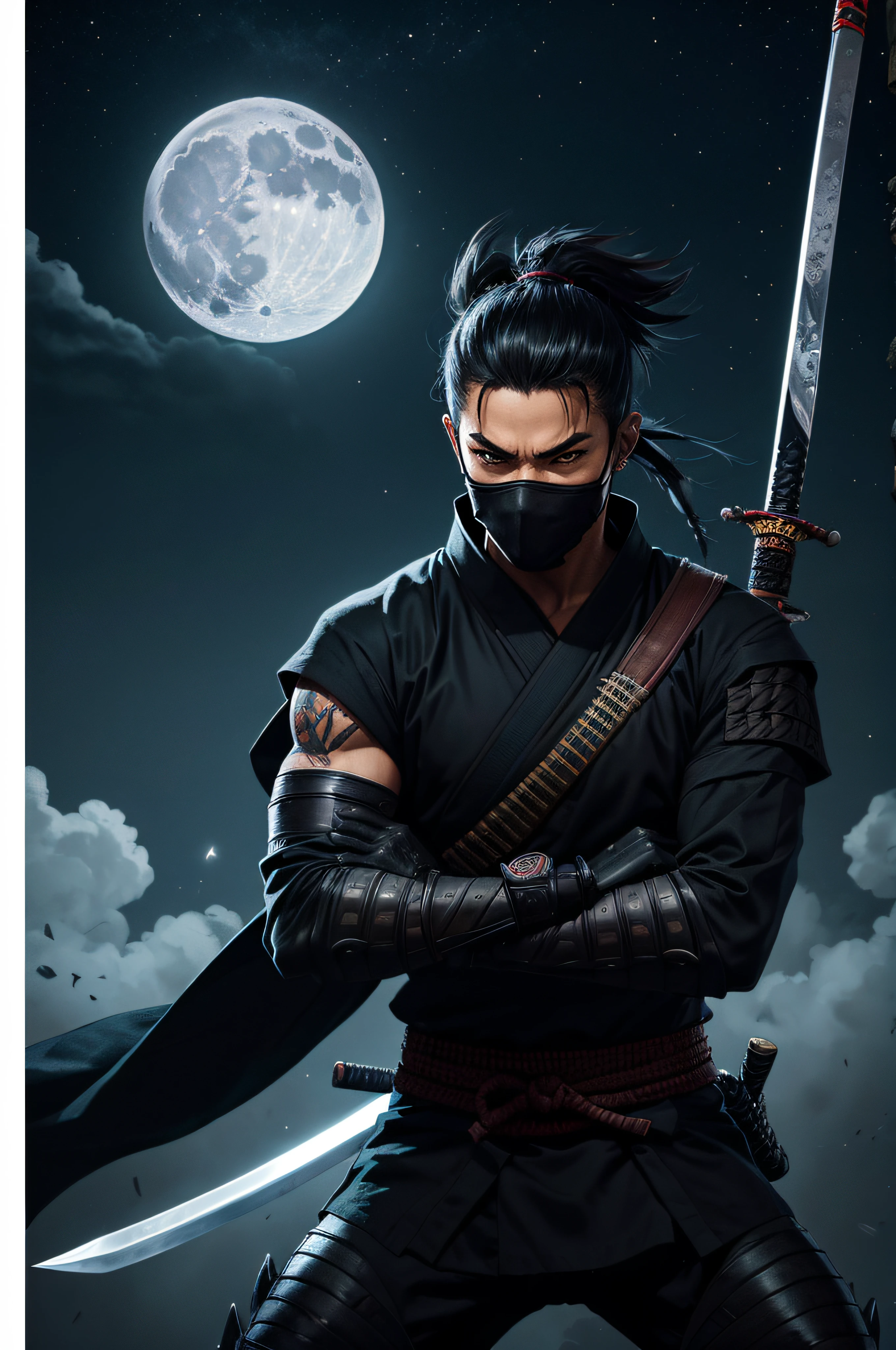 a poster of a ninja with a sword in front of a full moon, mystic ninja, urban samurai, inspired by Kanō Hōgai, in the art style of dan mumford, ronin, street samurai, neon samurai, mk ninja, in the style dan mumford artwork, an edgy  assassin--perfect detail, outstanding detail, beautiful detail, masterpiece work of art, heartwarming, full detail, impressive detail, great detail UHD macro image detailed, shot, action, perfect eyes, best quality, extremely sharp focus face, analog fine film grain, post-apocalyptic, cinematic, realistic, trending art station, helicopter, focus, studio photo, details, intricate, busy, raw, 64k,  isometric, digital smog, 3d render, octane volumetr