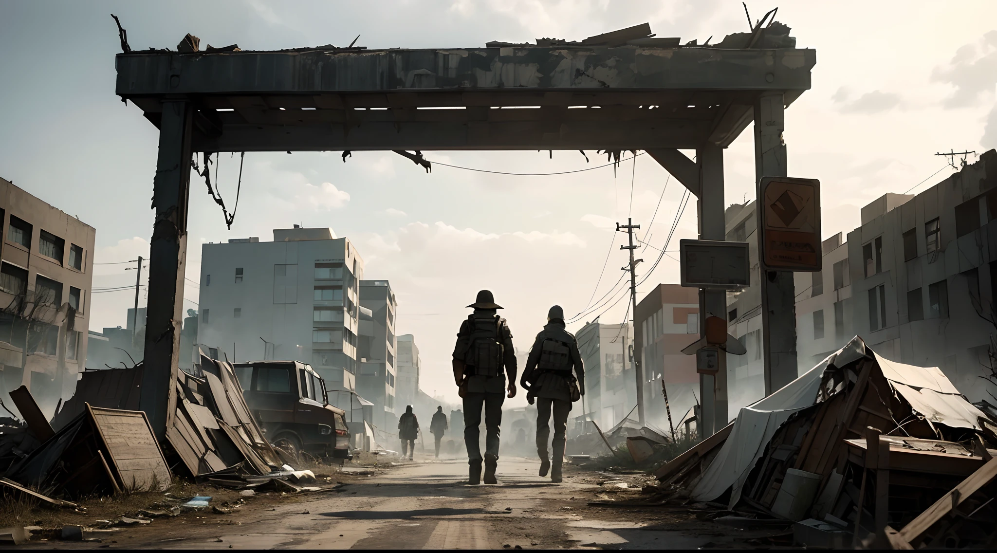 A turbulent masterpiece portraying the aftermath of a zombie apocalypse in an empty, desolate, and destroyed big American town, reminiscent of New York City. The scene captures the haunting emptiness and desolation of the town with its abandoned buildings and streets. It showcases the survivors' resilience as they establish a camp in a city park, marked by makeshift shelters and defensive positions. The image portrays a sense of urgency and tension, with survivors actively patrolling the territory, on high alert for any potential threats. The camera angle chosen emphasizes the vastness of the decaying town, showcasing the survivors' determination to rebuild and defend their newfound territory against the hordes of the undead. The image is of the highest quality, with ultra-detailed and realistic depictions of the survivors and the devastated surroundings. The color palette captures the somber, post-apocalyptic atmosphere, with muted tones and subtle variations. The lighting accentuates the shadows and contrast, highlighting the eerie aura of the decaying town. Ultimately, the prompt aims to convey the struggle for survival, the resilience of the human spirit, and the eerie beauty that arises from chaos and destruction.