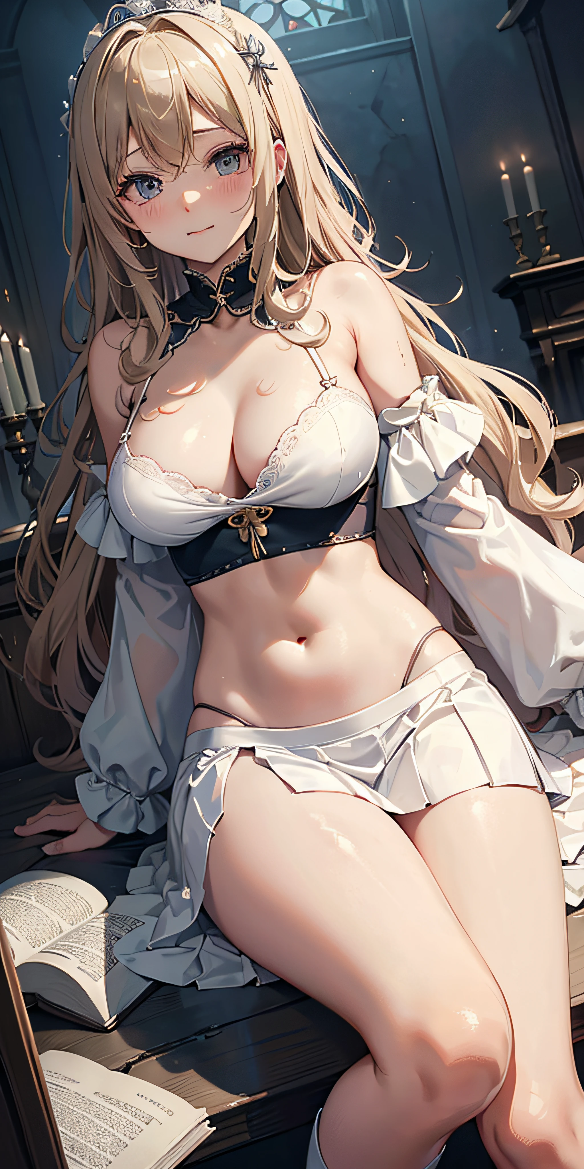 masutepiece, Best Quality, the Extremely Detailed CG Unity 8K Wallpapers, Sexy Priest Cosplay, Long dark blonde wavy hair、Off-shoulder knit with white lace, (Long flared skirt), Medium milk, Puffy nipple、Blushing, Shy laughter, Bare shoulders、sexy hips、Sexy light blue underwear、Black High Heels、Luxurious magic wand and book、Church of the castle、sexy pose、(Emphasize the chest by slouching)
