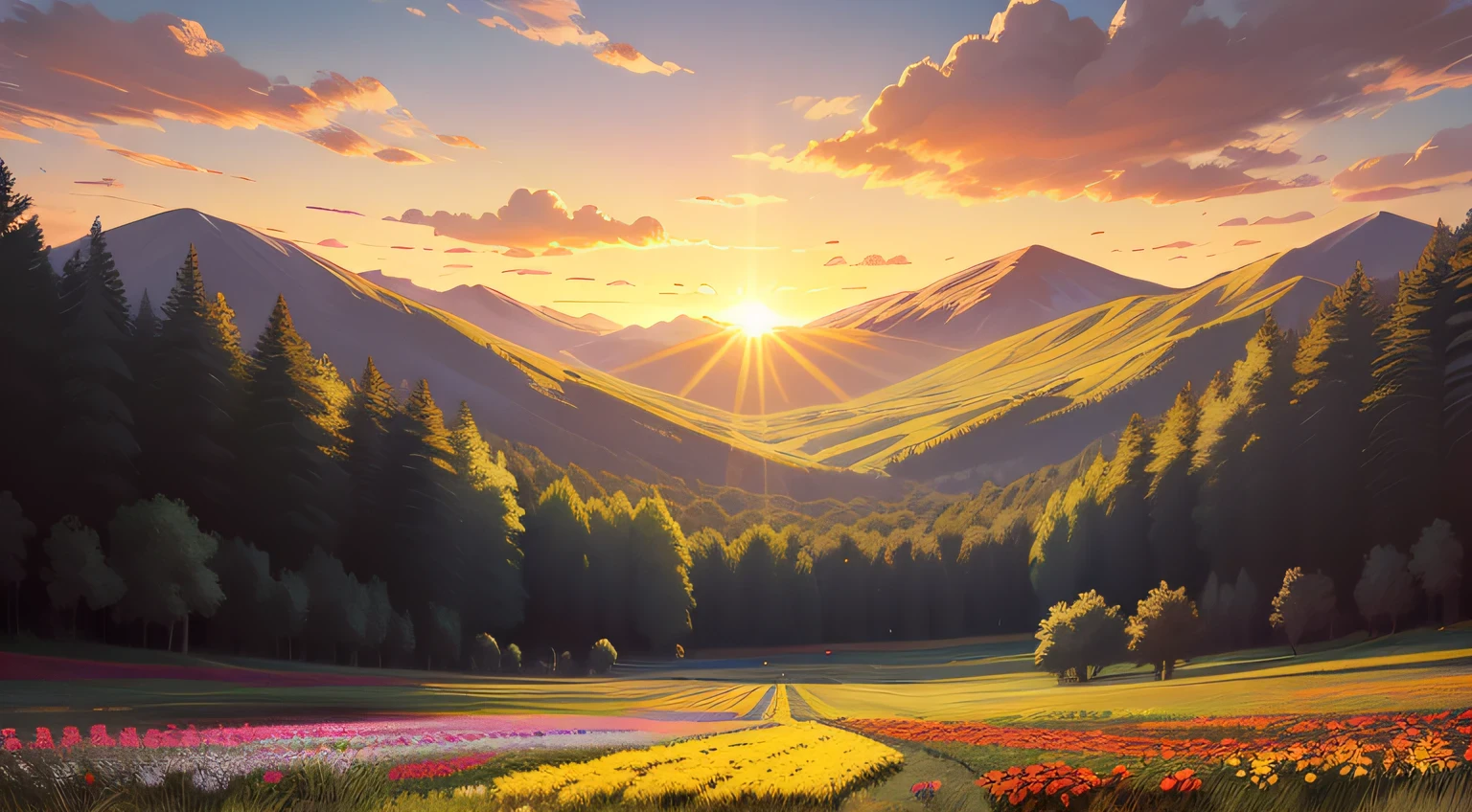 Colorful, flower field, sunrise