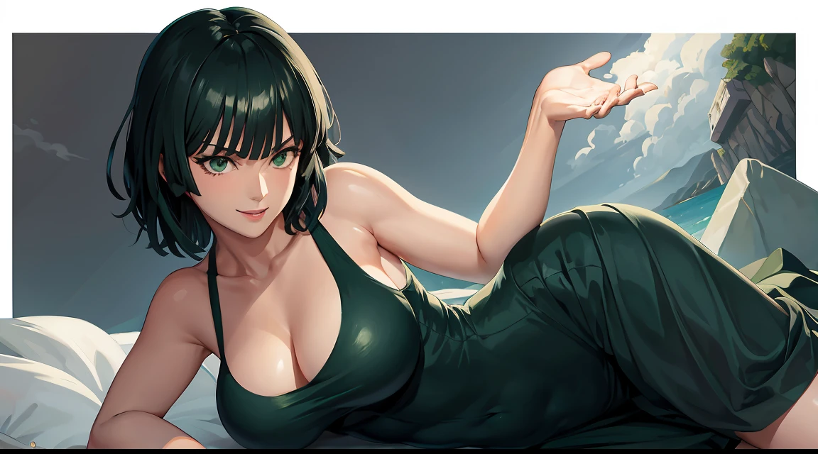 Fubuki, master piece, best image quality, facing the camera, evil smile, green skirt, Sexy tall, looking straight at the camera, short hair, Perfect bodies, seaside, green hair, off-the-shoulder clothes, big breasts, Fubuki
