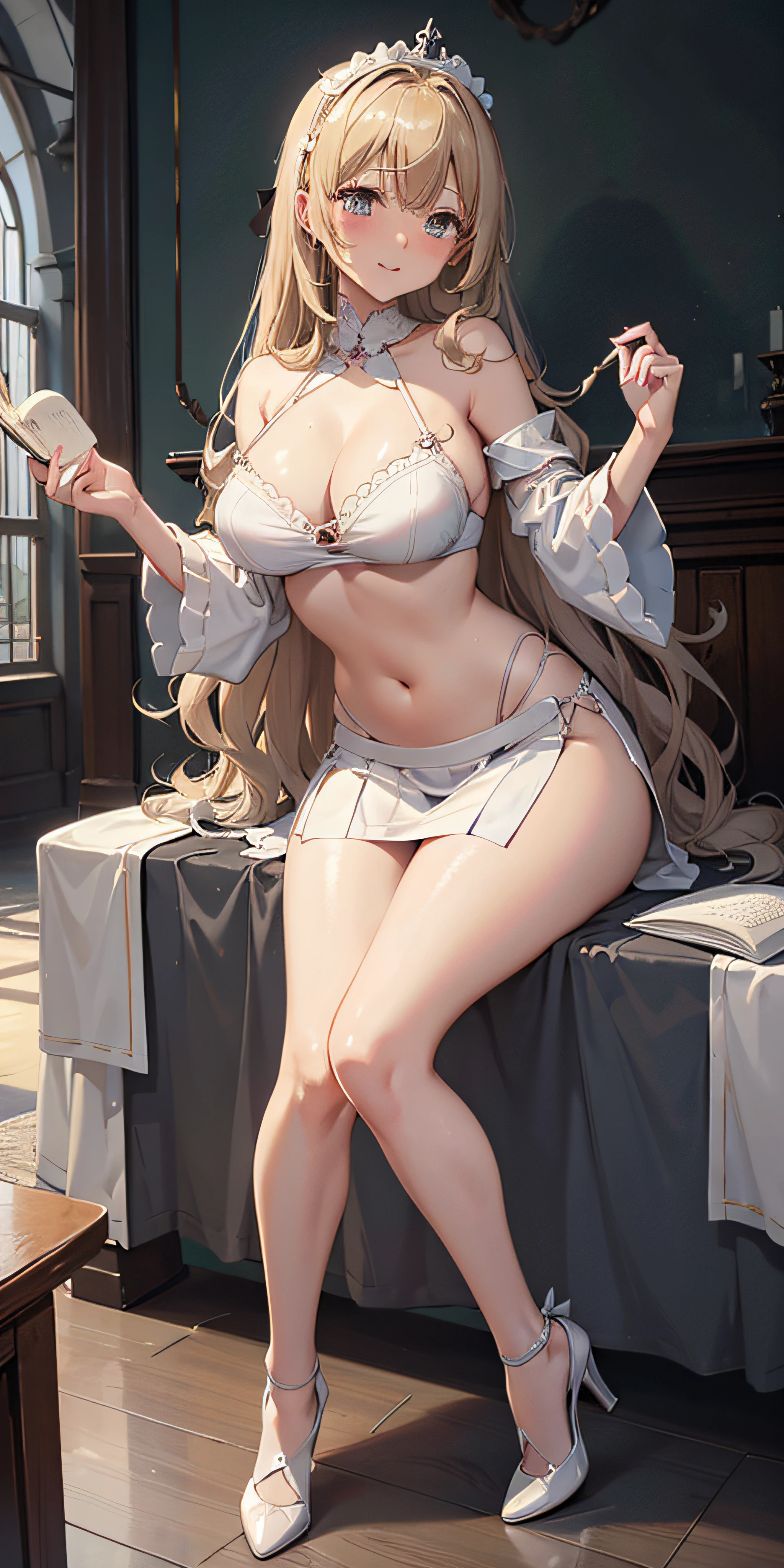 masutepiece, Best Quality, the Extremely Detailed CG Unity 8K Wallpapers, Sexy Priest Cosplay, Long dark blonde wavy hair、Off-shoulder knit with white lace, (Long flared skirt), Medium milk, Puffy nipple、Blushing, Shy laughter, Bare shoulders、sexy hips、Sexy light blue underwear、Black High Heels、Luxurious magic wand and book、Church of the castle、sexy pose、(Emphasize the chest by slouching)