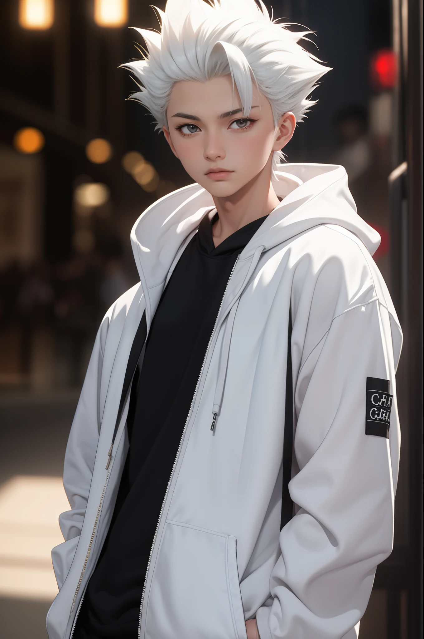 masterpiece, best quality, high quality, 1boy, solo, male focus, looking at viewer, upper body, hitsugaya_toushirou, wearing Streetwear Hoodie, dinamic lighting, blurry background