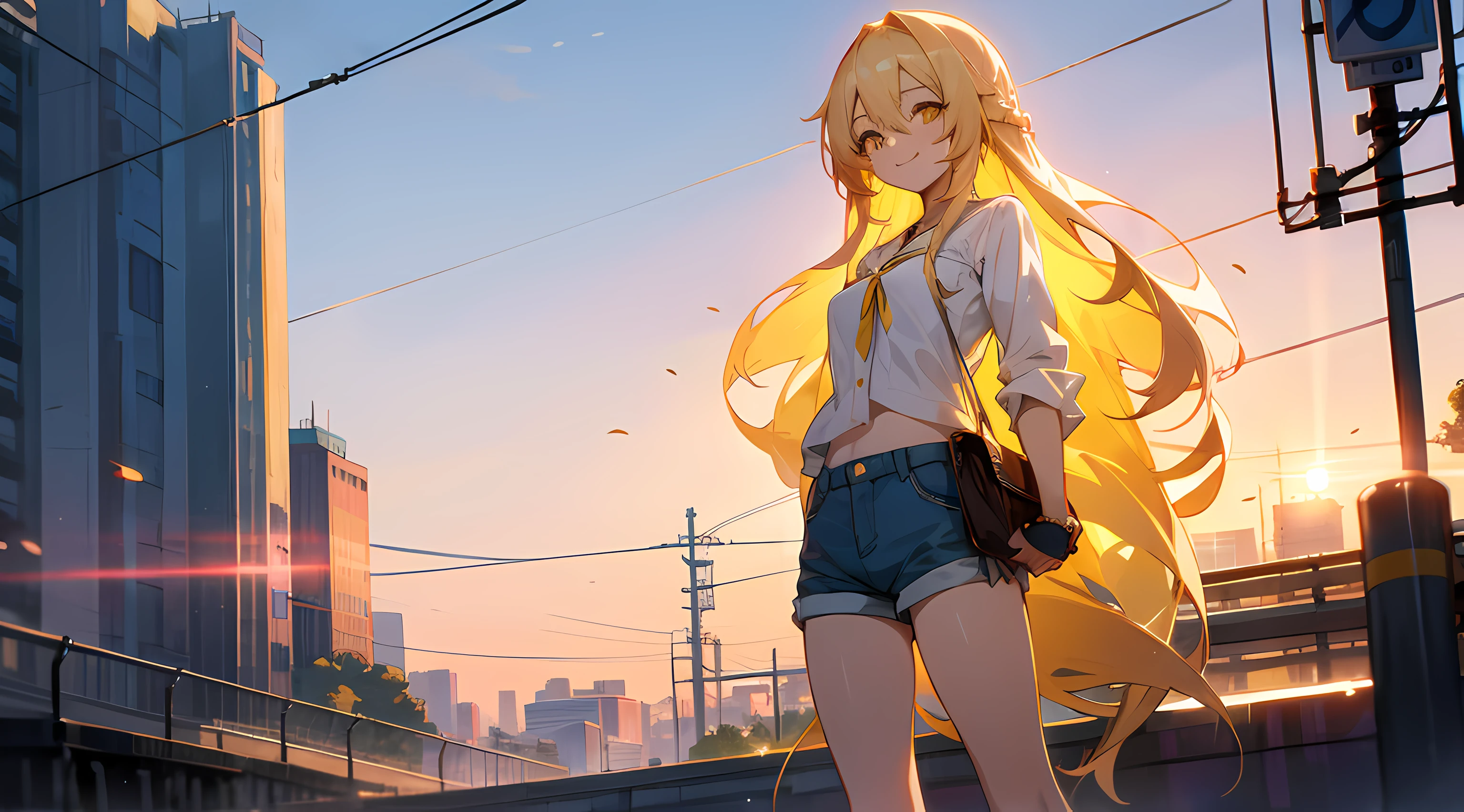 anime girl standing in the city, train in the background, buildings in the background, sunset, (1girl), long blonde hair, yellow eyes, small breasts, white cotton blouse, blue shorts, smile, beautiful anime artwork, ultrasharp, masterpiece, high res, 8k
