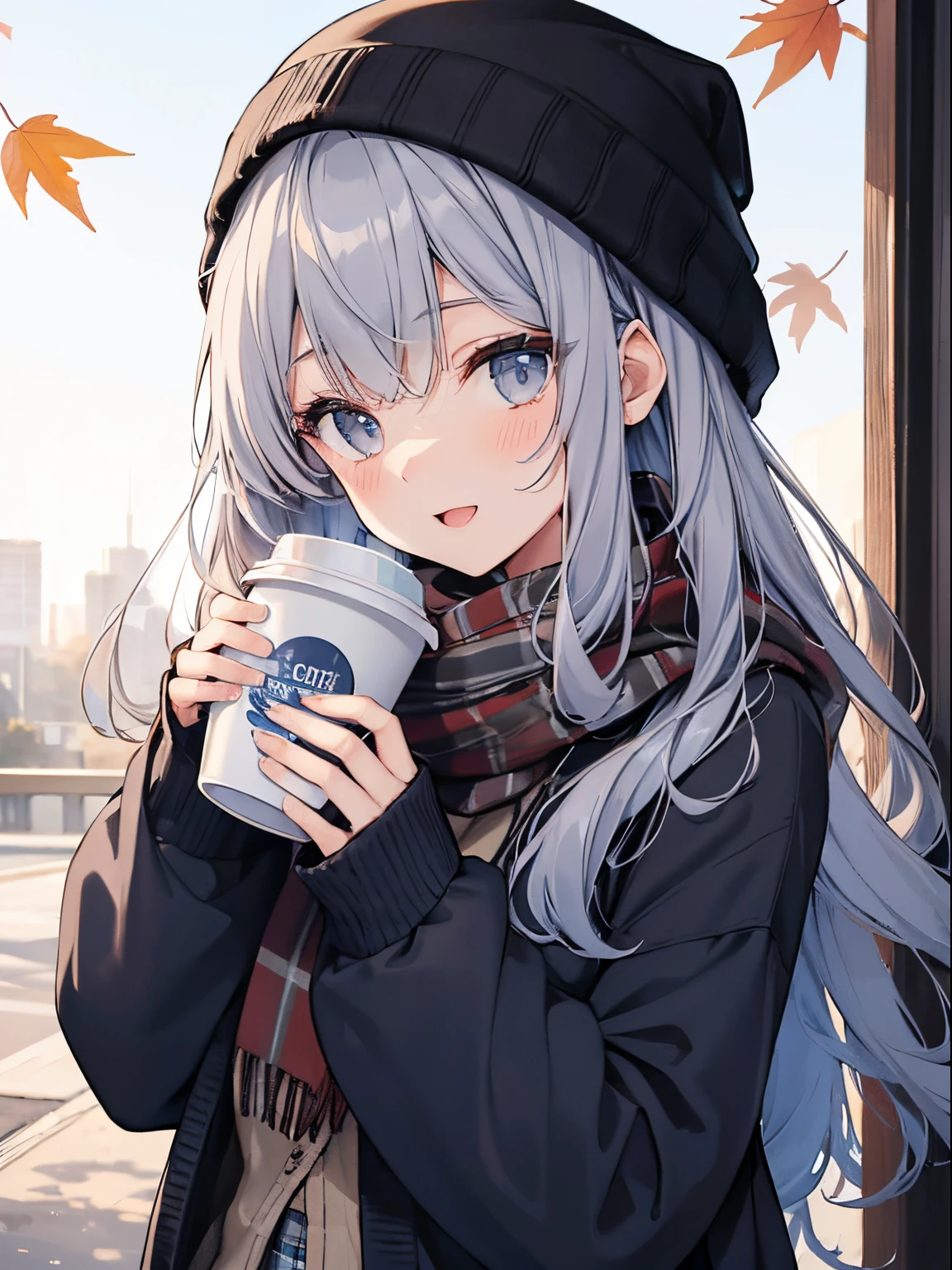 (1girl in),(beautiful eyes finely detailed、Face to detail、masterpiece sidelighting、​masterpiece、top-quality、detaileds、High resolution illustration),Woman facing the front with her whole body,Delicate Makeup, (a closeup:1.2)、POV、softfocus、Background bokeh、Turn to me and smile,Black eyes,Half-up hair with short bangs(((,Hair color is a blue-gray gradient))), BREAK (Colored leaves), Bangs,, blush, gray scarf、skirt by the, Cardigan, Sweaters、muffler、Moe Sleeve、Coffee, cup, Disposable cups, Drink, Falling leaves, Beanie, Holding, Hold drinks, fronds, Long hair, Long sleeves, Looking at Viewer, open cardigan, Open mouth, Plaid, plaid skirts, puffy long sleeves, Red Sweater, scarf, Shirt, shirt tucked in, side locks, Skirt, Smile, Solo, Sweaters, White shirt, Extremely detailed, Convoluted, masutepiece, absurderes