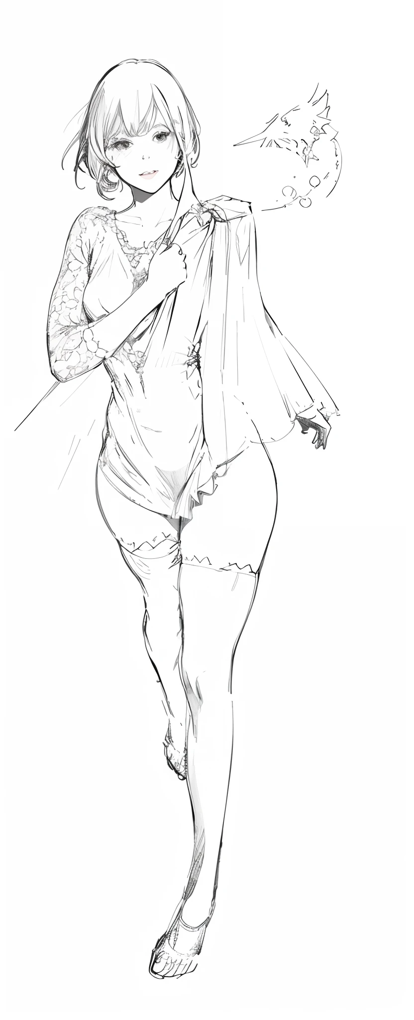 a drawing of a woman in a dress holding a bat, hands behind her body pose!, detailed but rough, thick linear, full body drawing, thick outline, full body concept, full body portrait of a short!, thick outlines, realistic proportions sfw(colouring)