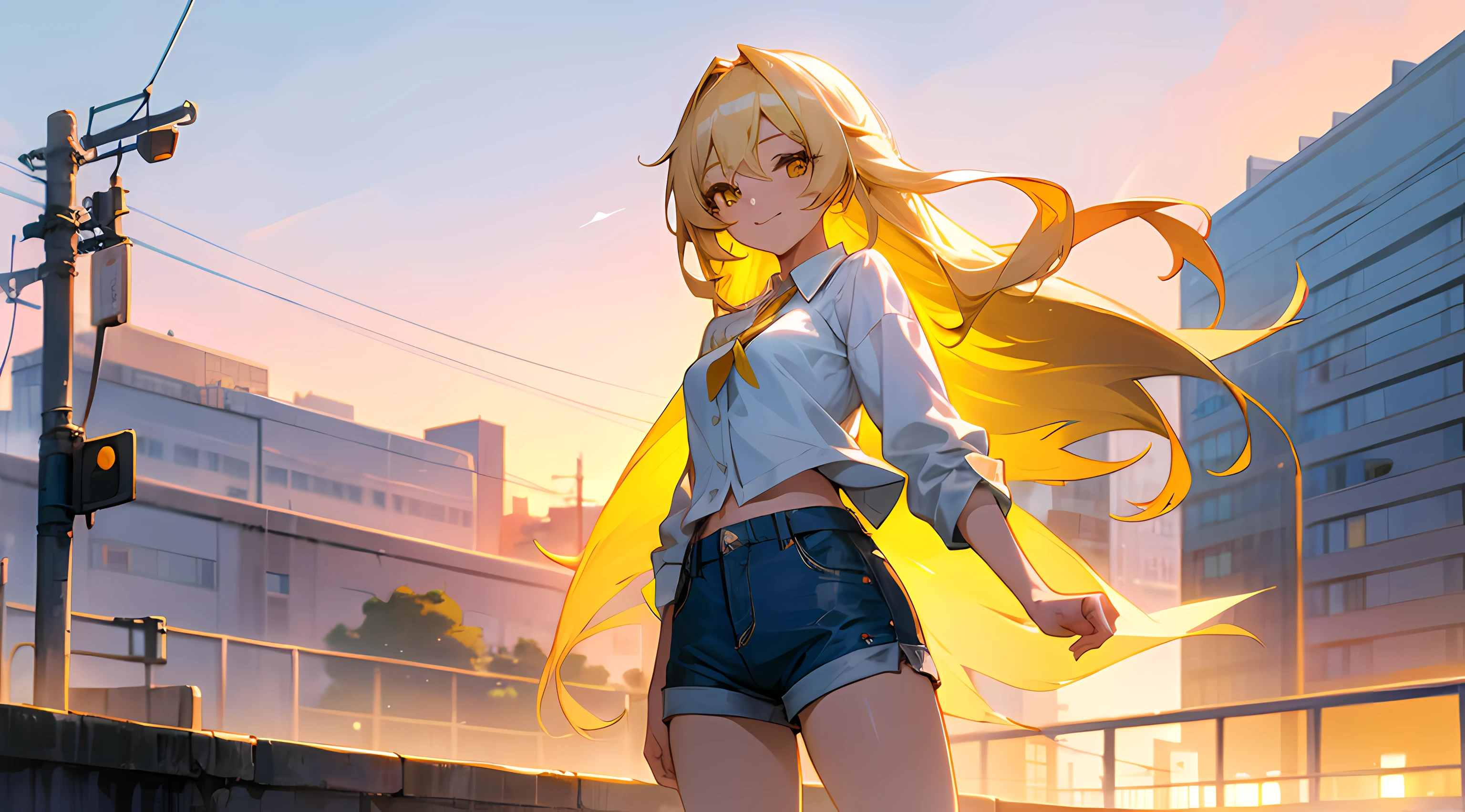 anime girl standing in the city, train in the background, buildings in the background, sunset, (1girl), long blonde hair, yellow eyes, small breasts, white cotton blouse, blue shorts, smile, beautiful anime artwork, ultrasharp, masterpiece, high res, 8k