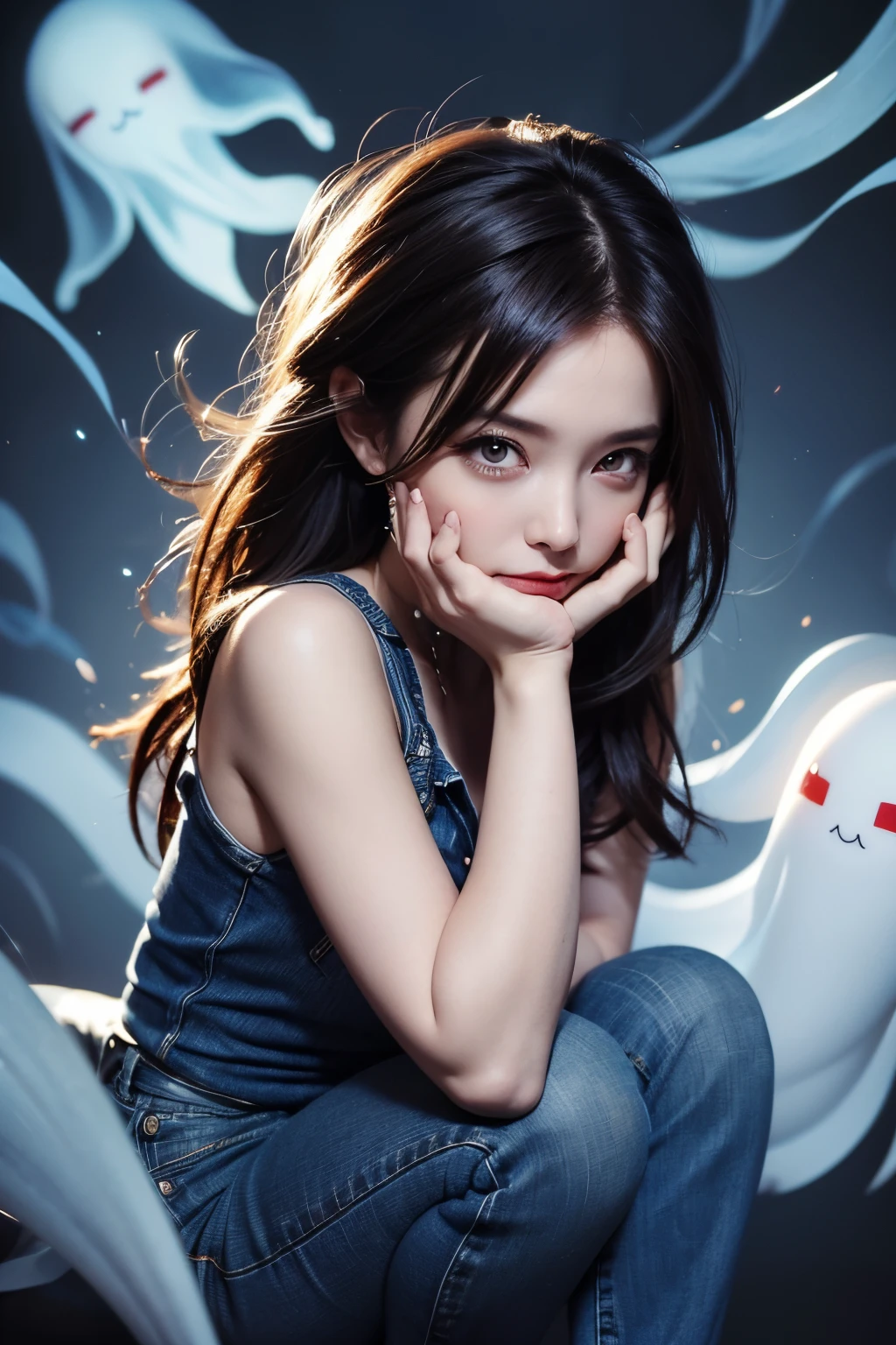 Photorealistic chibi art style, a beautiful woman in jeans and high heels, facing the viewers pretending to be scared, both hands on face, artistic, artist, simple volumtric light background, swirling clouds, ColorART, many cute ghosts with tongues out, chibi,