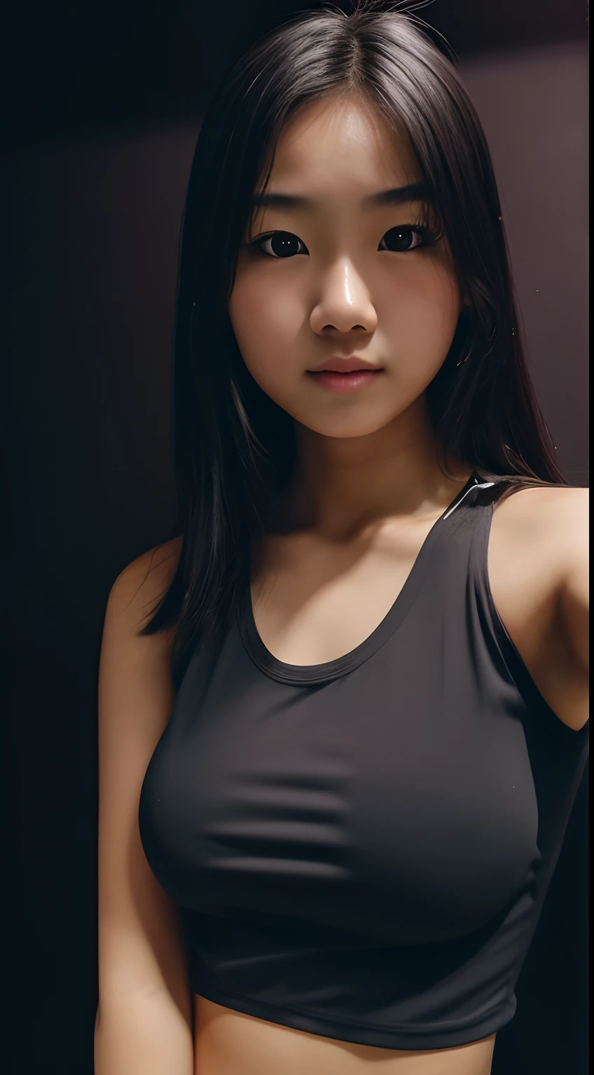 1girl in, Asian Girl, 20yr old, college, Pretty, Selfie, Dark background, Take a picture with your iPhone's camera, Noise Images, raw picture, pop music , Tank top, small tits,