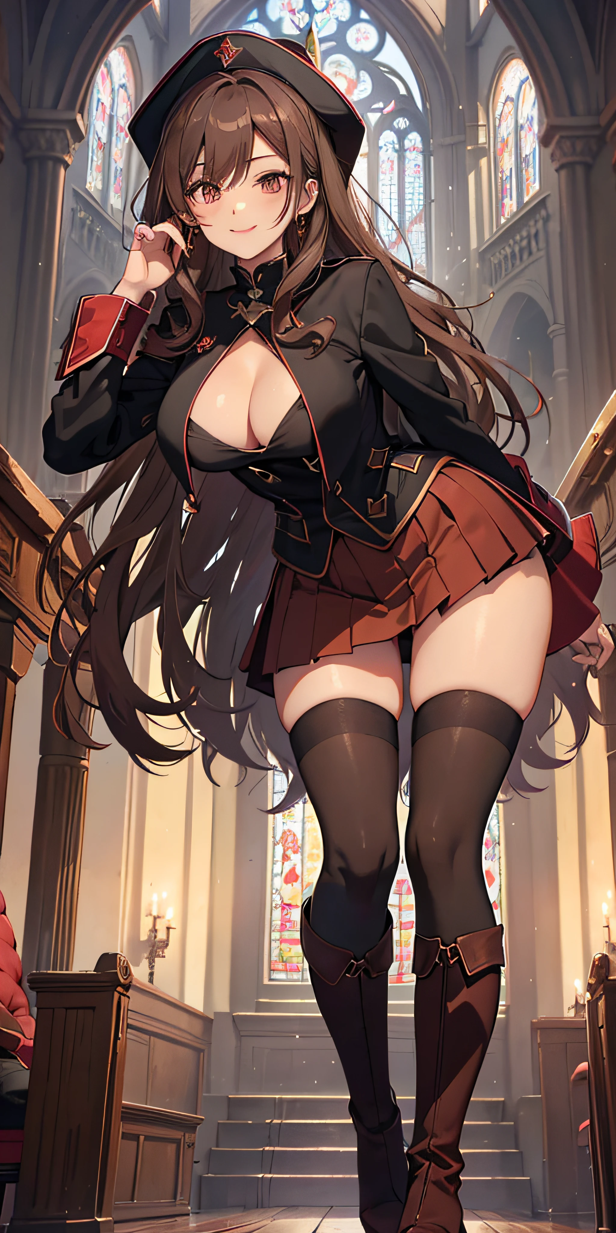 Adult Woman, Wizard Cosplay、long brown hair、waved hair、Brown Eye, lip stick, Smile, masutepiece, hiquality、sexy pose、Red and black sleeveless knit、Black jacket、medium large breasts、soft boob、Dark red pleated skirt、knee high stockings、high heels boots、Luxurious earrings、Church of the castle、(Butt sticking out pose)