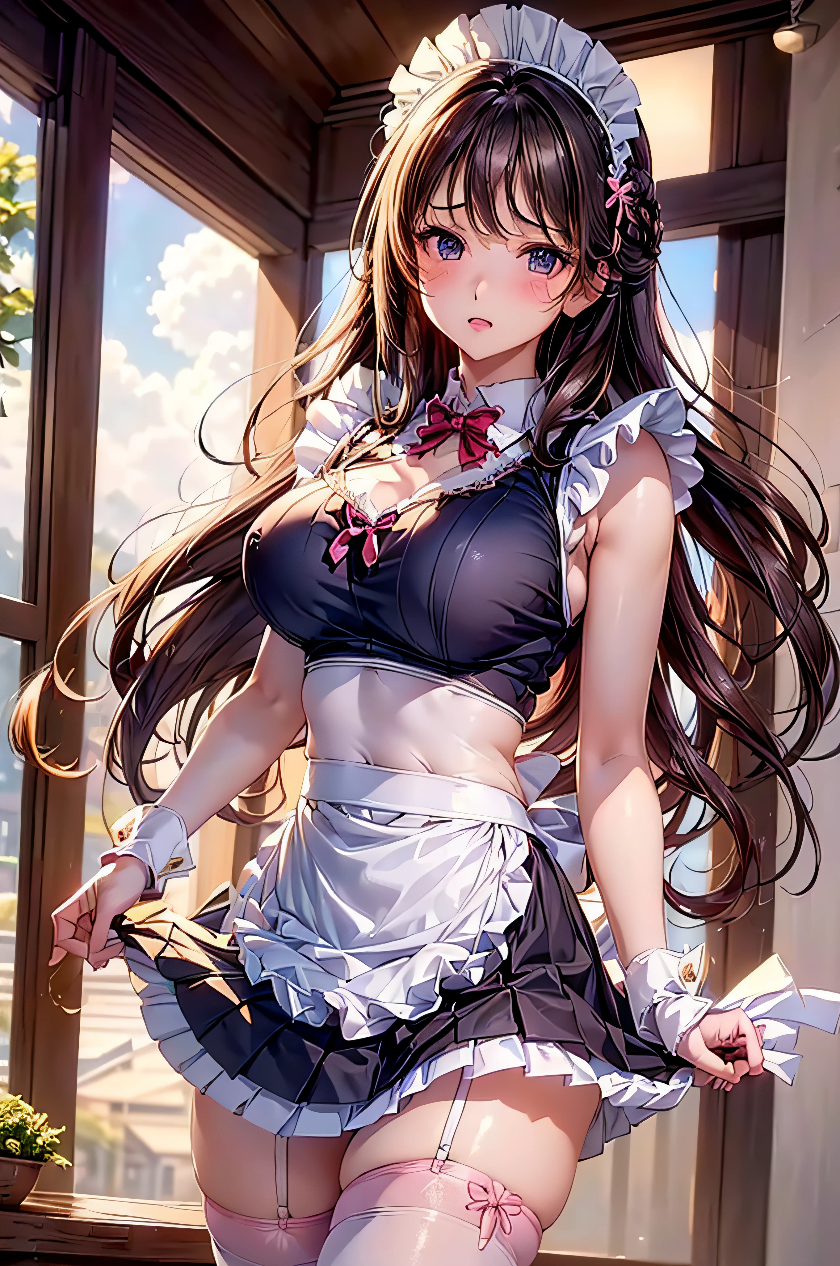 (1girl in), Long Wave Hair、dark brown hair, Amazing face and eyes,(natural make up)、(Brown eyes), medium large breasts、(High school uniform with wide open chest:1.1)、bared  chest, (amazingly beautiful girl), Styliška Chusha、Ruffle style costumes, Puffy nipple、(Maid Cafe Costume, Pleated mini-skirt:1.5), (Best Quality:1.4), (Ultra-detailed), (extremely detailed CG unified 8k wallpaper), ((Stylish maid café)), Maid Cafe Popular Staff, (Light pink panties)、(((The skirt is rolled up by the wind)))、((You can see all the panties from the front))、((embarassed expression))、