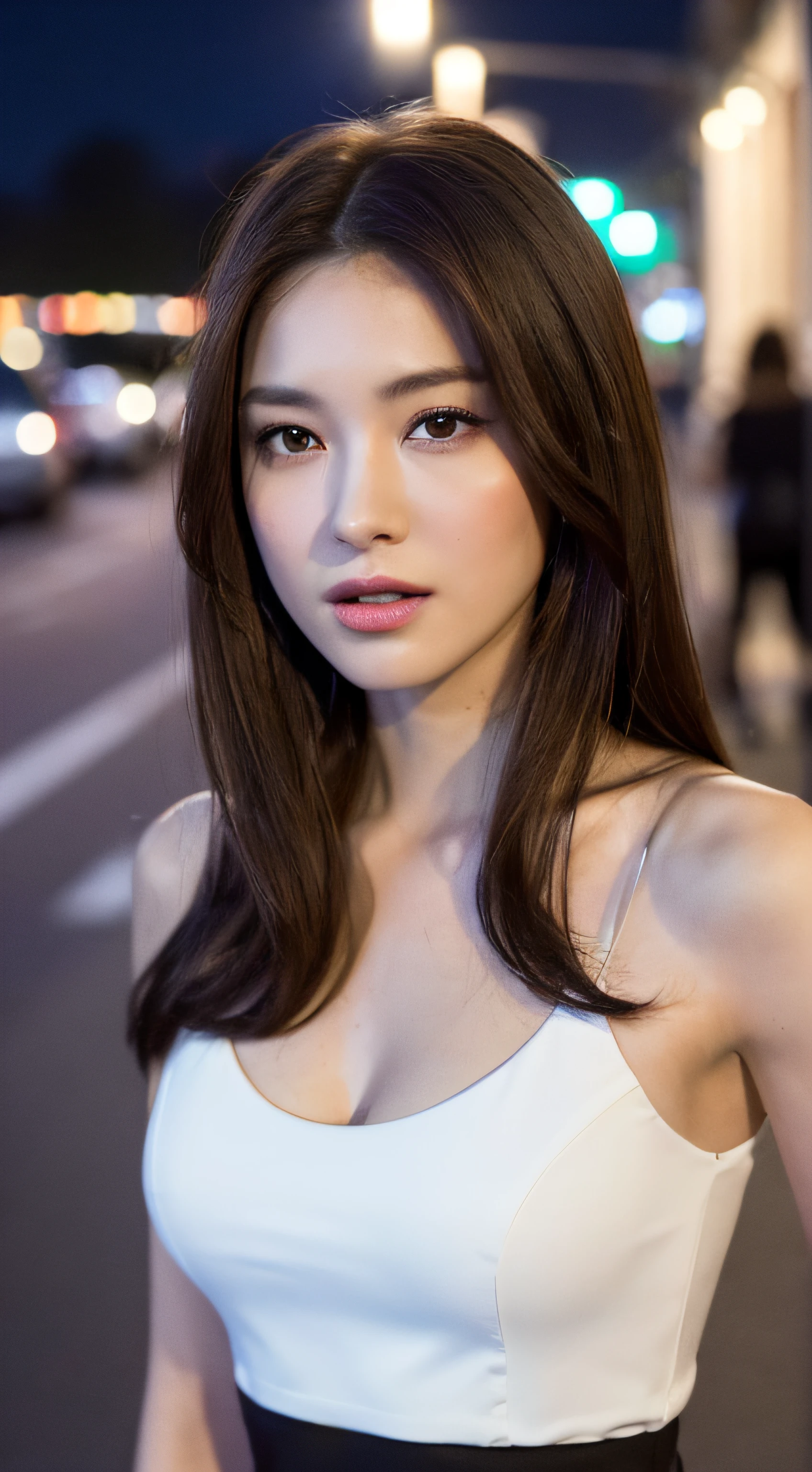 ((Realistic lighting, Best quality, 8K, Masterpiece: 1.3)), Focus: 1.2, 1girl, Perfect Figure: 1.4, Slim Abs: 1.1, ((Dark brown hair)), (White dress: 1.4), (Outdoor, Night: 1.1), City streets, Super fine face, Fine eyes, Double eyelids,