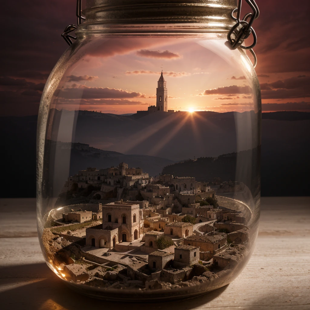 (An intricate minitown Matera landscape trapped in a jar with cap), atmospheric oliva lighting, on a white desk, 4k UHD, dark vibes, hyper detailed, vibrant colours red sky background, epic composition, octane render, sharp focus, high resolution isometric, closeup view.