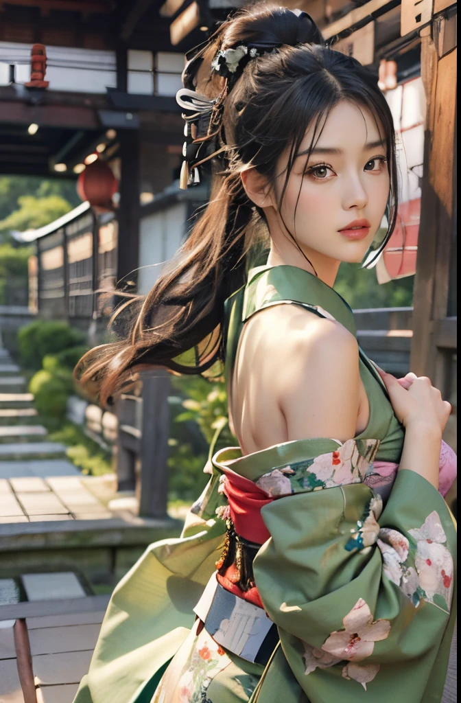 Long ponytail, Eyes are brown, Woman with black hair、sexy facial expression、wear a green kimono、beautiful japanese princess、Colossal tits、Beautiful hands in calculation、Calculated beautiful feet、Anatomy of the hand、japanese kimono、Top image quality,High quality、ＲAW Image、Realistic、The background is inside the castle of Japan