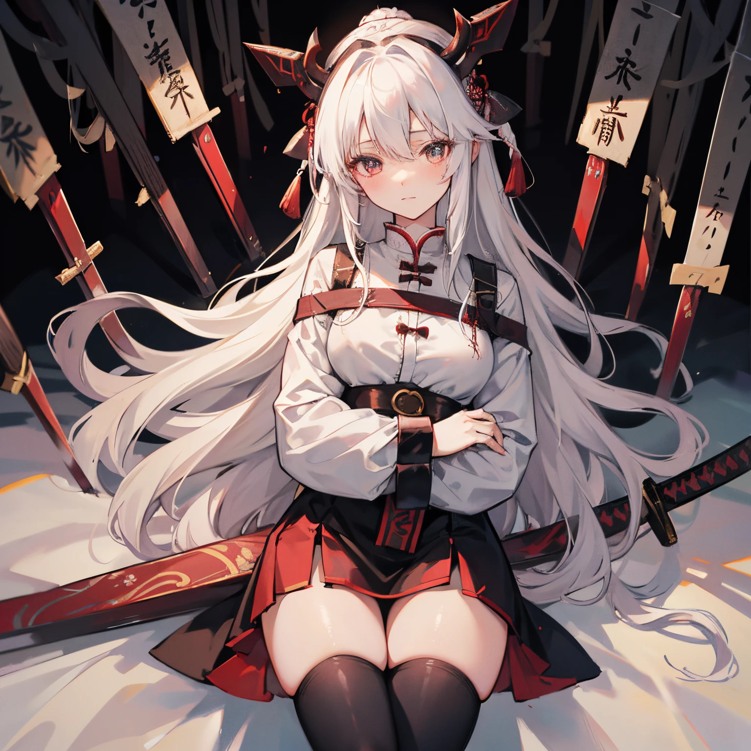 Chinoiserie In the woods, long white hair, a beautiful girl, a legendary samurai, wearing a white shirt, a short skirt, wearing black stockings, holding a holy sword, and being pressed to the ground by the demon king