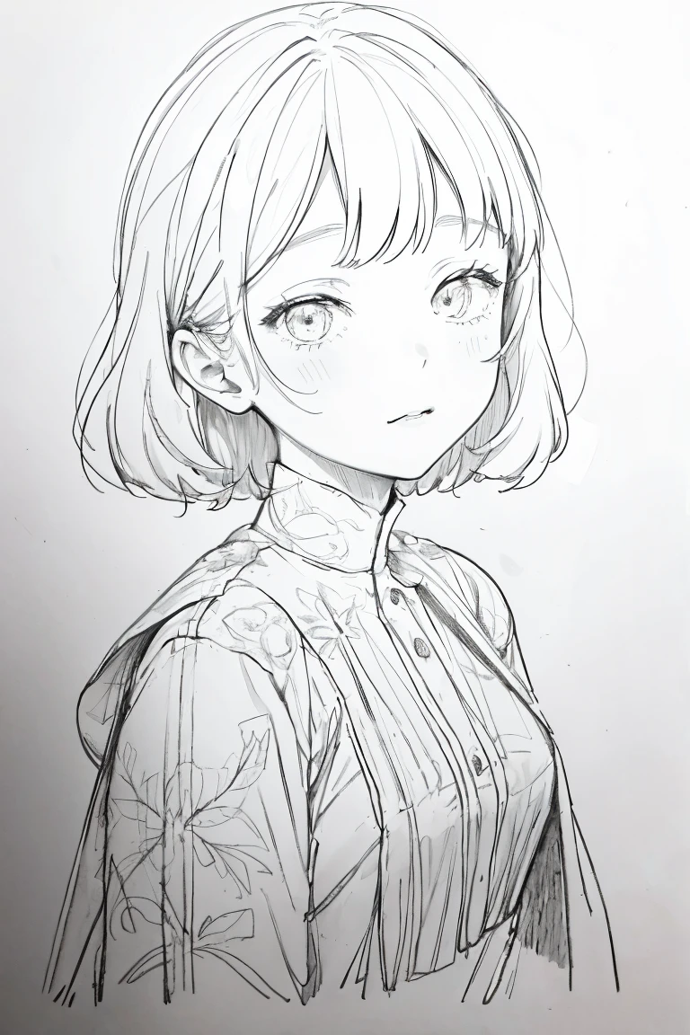 1girl in,line-drawing,monochromes,sketch,Pencil drawing,Traditional Media,1girl in, The upper part of the body,look up to,patterns,Cold background,bobhair ,Delicate body、Eau、liquids、云、