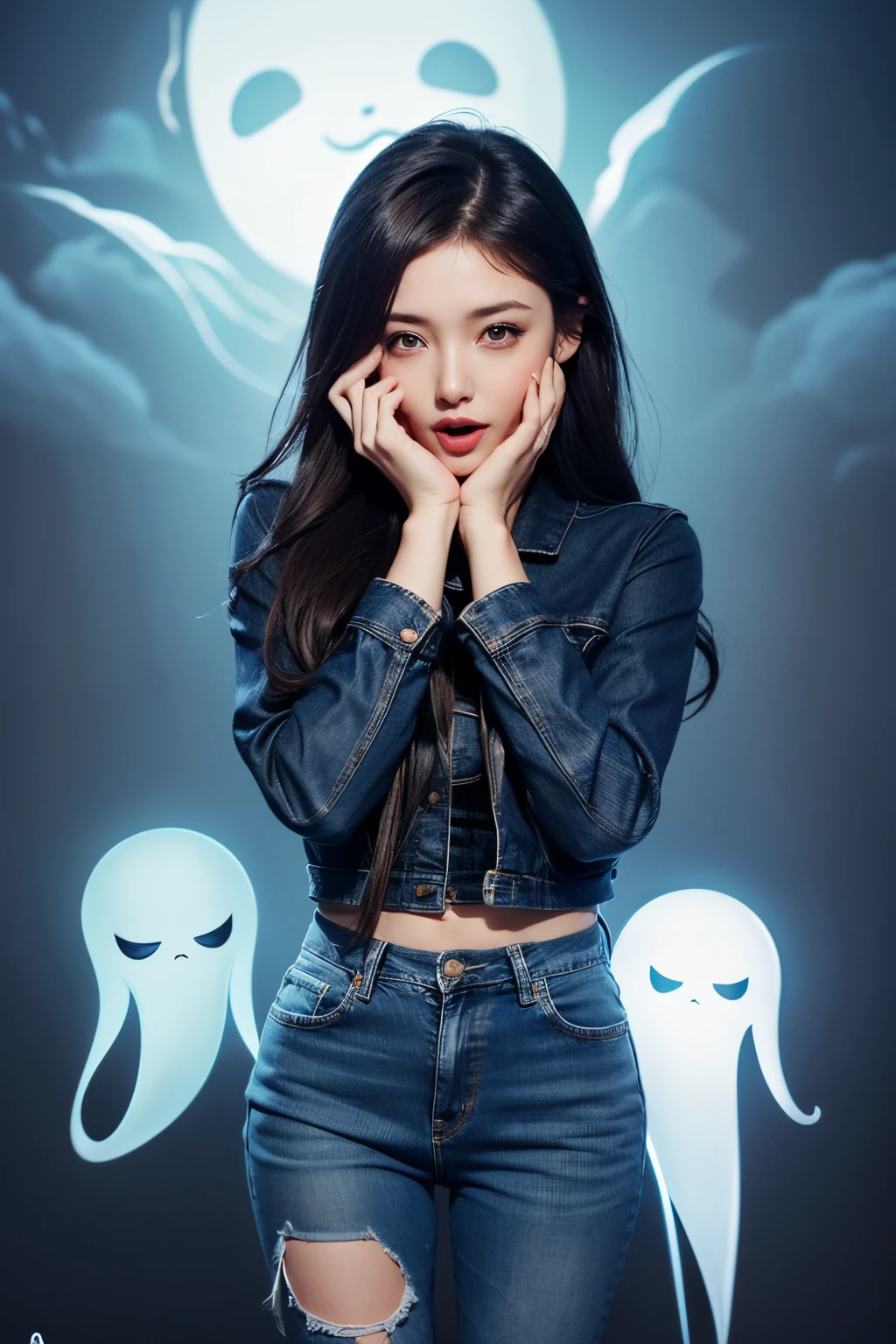 Photorealistic chibi art style, a beautiful woman in jeans and high heels, facing the viewers pretending to be scared, both hands on face, artistic, artist, simple volumtric light background, swirling clouds, ColorART, many cute ghosts with tongues out, chibi,