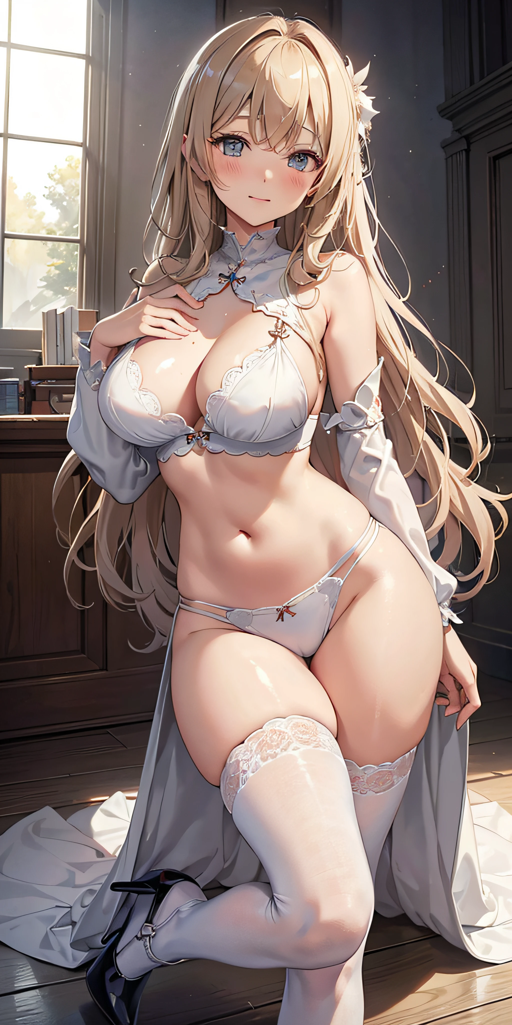 masutepiece, Best Quality, the Extremely Detailed CG Unity 8K Wallpapers, Monk Cosplay, Long dark blonde wavy hair、White lace off-the-shoulder knit, (Long flared skirt), Medium milk, Puffy nipple、Blushing, Shy laughter, Bare shoulders、sexy hips、Sexy light blue underwear、Black High Heels、Luxurious magic wand and book、Church of the castle、sexy pose、(lean forward to emphasize the chest)