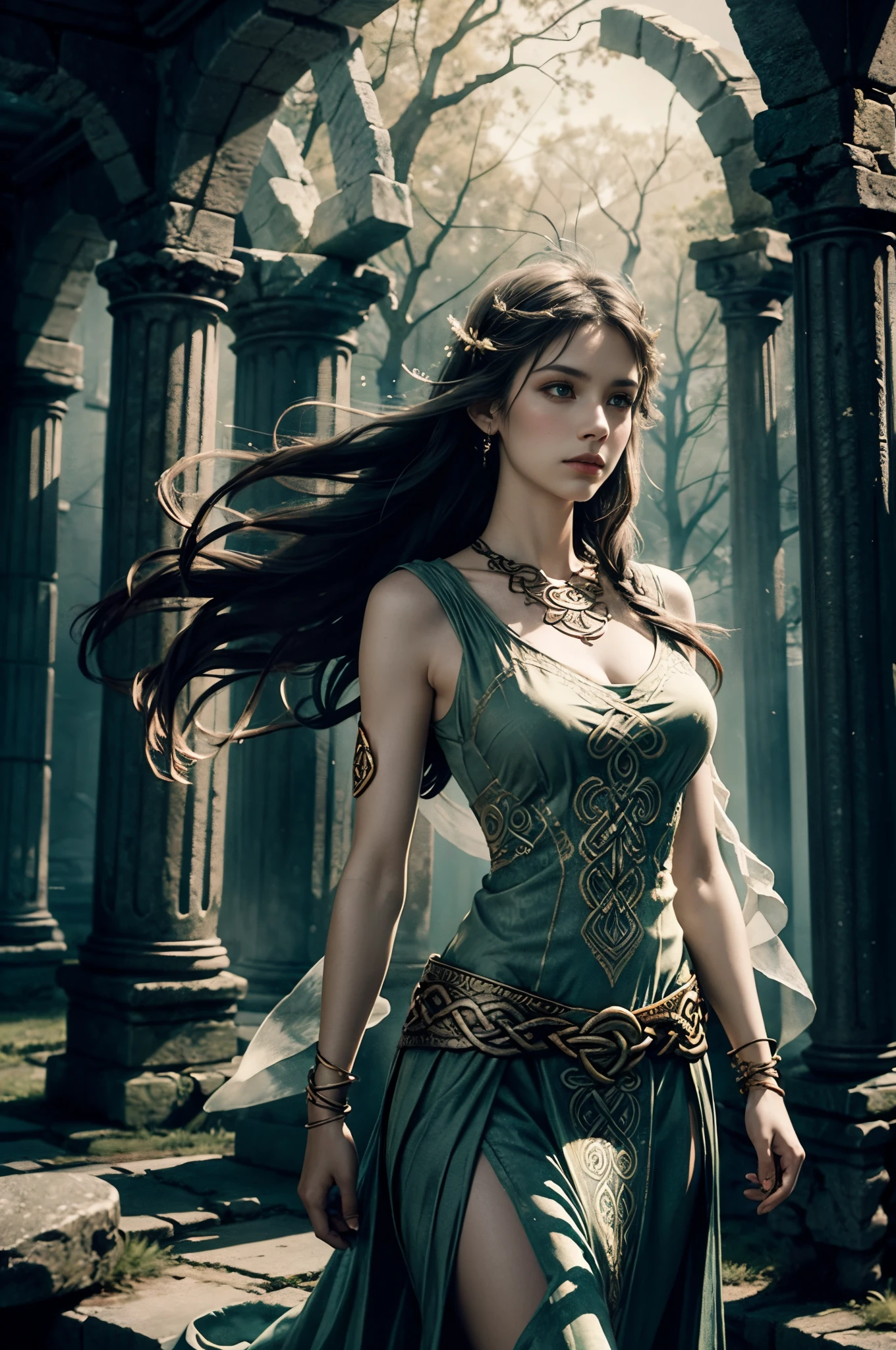 Celtic Warrior Woman, Stone Ruins, Tall and Slender, Flowing Dress with Celtic Knot Jewelry, Procreate, Watercolor Technique, Poster Design, 300 DPI, Soft Lighting, Ethereal Art, Mysterious, Serene Expression, Enchanting Atmosphere, bokeh, photo, 8k, dark, dynamic action, pale washed out style, dreamy nostalgic, soft focus, dark vignetting, light leaks, medium photography, gloomy artistic painterly ethereal, whimsical, coarse grain photo