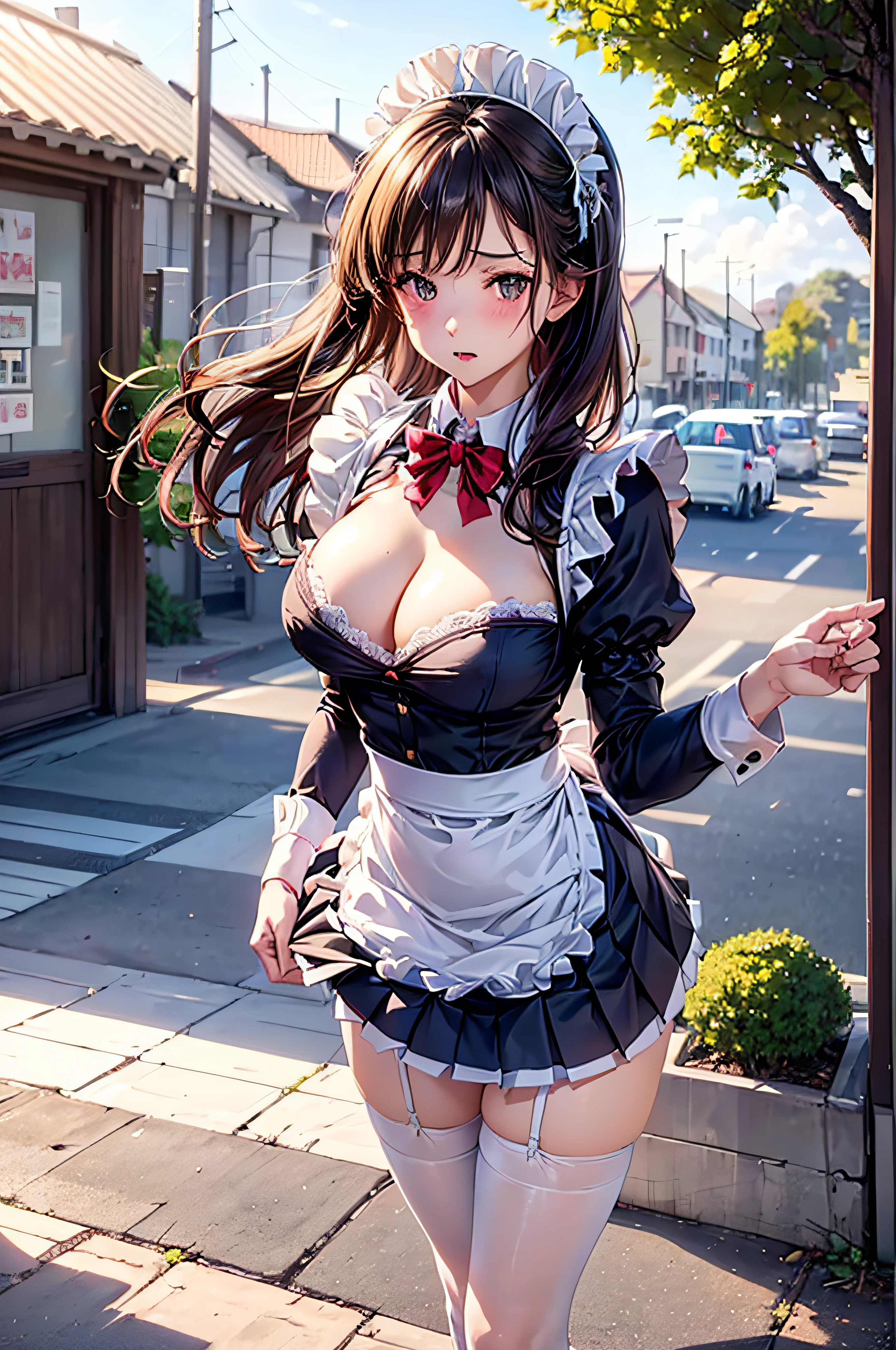 (1girl in), Long Wave Hair、dark brown hair, Amazing face and eyes,(natural make up)、(Brown eyes), medium large breasts、(High school uniform with wide open chest:1.1)、bared  chest, (amazingly beautiful girl), Styliška Chusha、Ruffle style costumes, Puffy nipple、(Maid Cafe Costume, Pleated mini-skirt:1.5), (Best Quality:1.4), (Ultra-detailed), (extremely detailed CG unified 8k wallpaper), ((Stylish maid café)), Maid Cafe Popular Staff, (Light yellow lace panties)、(((The skirt is rolled up by the wind)))、((You can see all the panties from the front))、((embarassed expression))、