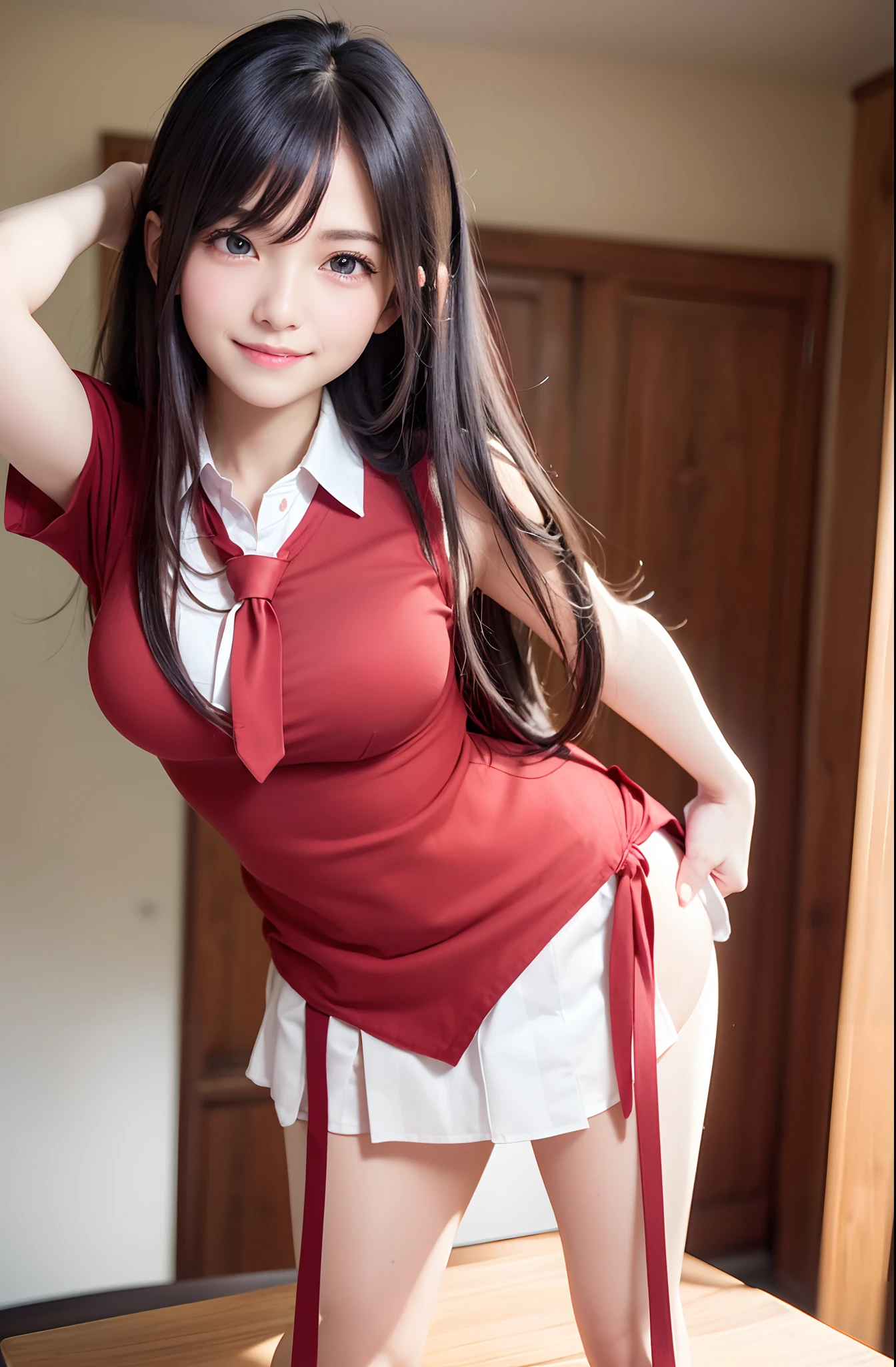 masutepiece,Best Quality,ultra-detailliert,Realistic,Ultra-realistic photos,Distinct,8K Wallpapers, high-definition RAW color photography, Professional Photography,,Girl in school uniform,Classroom,(Solo, 1girl in),hight resolution,Beautiful face in every detail,Realistic human skin,detailed thigh,Realistic thighs,(Detailed and photorealistic faces: 1.2), (Highest Quality: 1.2), (eyes with double and long eyelashes:1.6),(A smile with shame:1.7), (beutiful breast:1.5),(H Cup Breast:1.4) ,Emphasis on the chest,Blue eyes,Moist eyes,Bright's Hair,Hair in a ponytail,Wearing a hair band,damp hair,It is a powerful expression even when looking at the camera,Idol-style face, pleatedskirt,((Put your hands behind your back、arching the upper body:1.8)), (Emphasis on the chest:1.8)),((Spread your legs wide from side to side:1.5)),((Angle from below)),(Angle from below:1.5),cowboy shot,perfectbody, ((She wears a blouse、red necktie:1.8)), Look at viewers, Young Face,,High resolution,Professional Lighting,physically-based renderingt