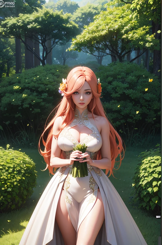 a beautiful woman, peach hair, Surrounded by trees, see-through dress, hair exploding into multicolored flowers, finely detailed features, intricate brush strokes, beautiful lighting,  Cinematic, Color Grading, Depth of Field, intricate details, Unreal Engine, Character Concept Art, creative, expressive, stylized , digital art, 3D rendering, unique, award-winning, Adobe Photoshop, 3D Studio Max, well-developed concept, distinct personality, consistent style, HW