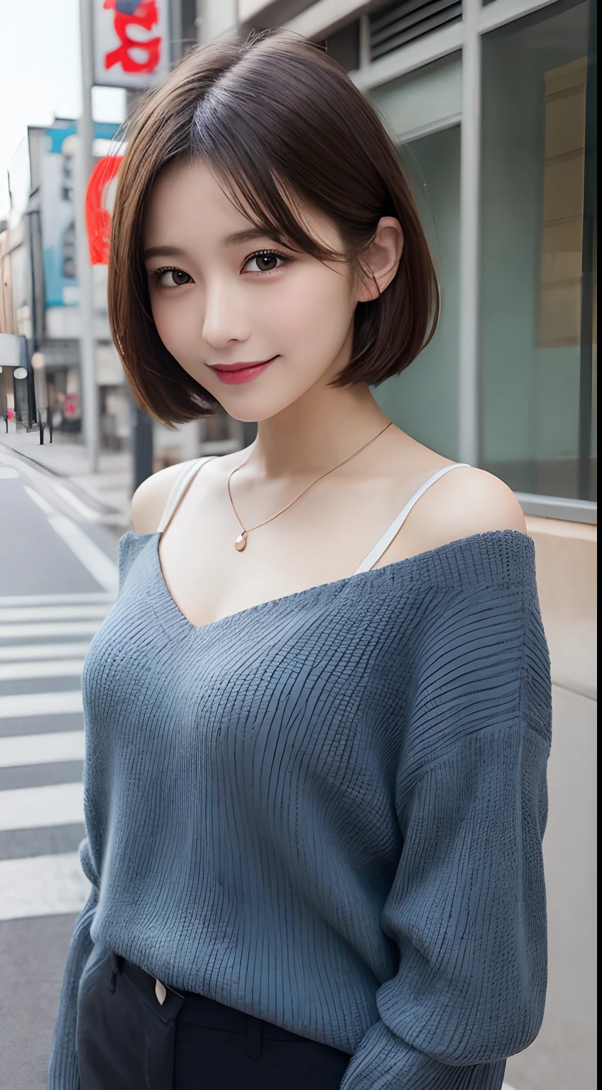 masutepiece, Best Quality, Illustration, Ultra-detailed, finely detail, hight resolution, 8K Wallpaper, Perfect dynamic composition, Beautiful detailed eyes, Short Bob Hair,Medium Hair, mid-chest, Natural Color Lip, Random and sexy poses,Smile,Aoyama Street Walk