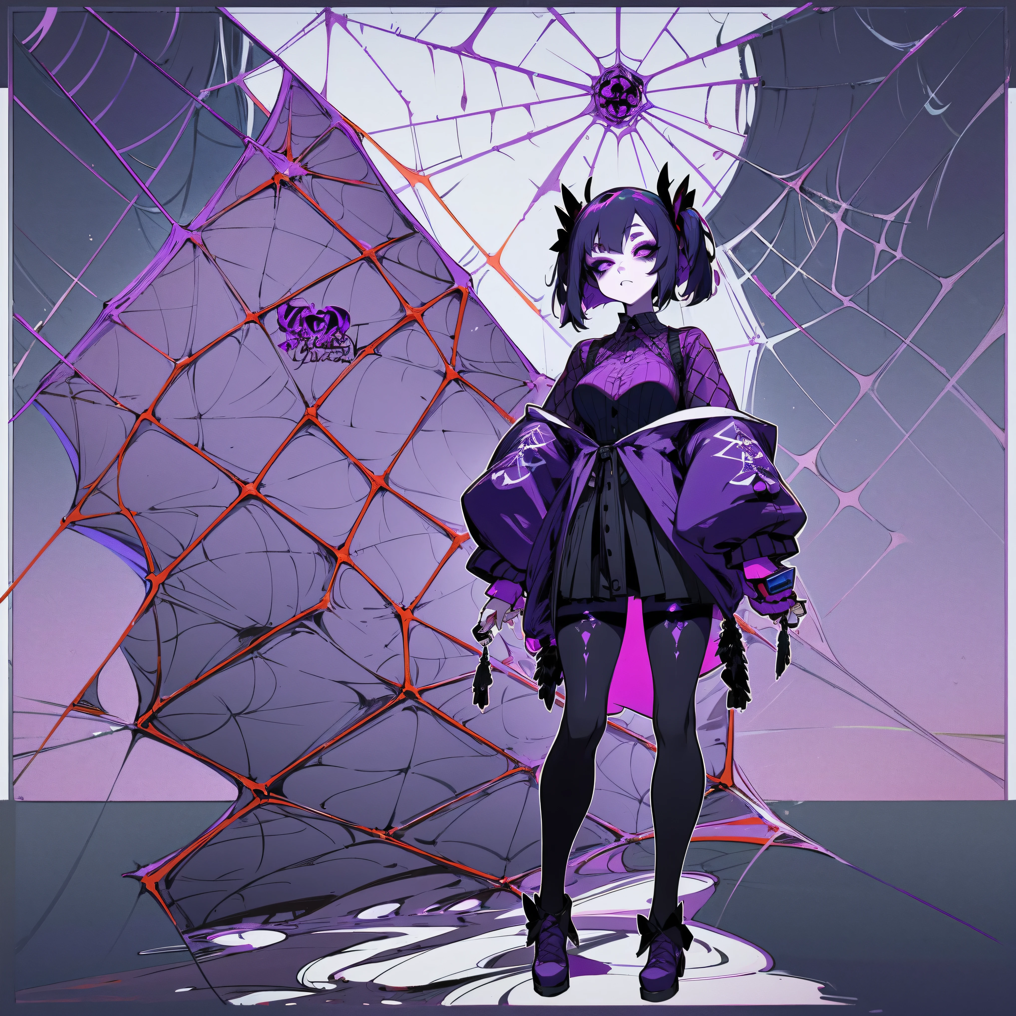 Muffet，jk style，bags under eyes,eyeliner,makeup，Full body standing painting，Purple skin，goth girl，dressed indecently，beach sexy bikini，down jacket，Full body standing painting，Two-dimensional anime style，Purple spiders，Spider Girl，Pattern，cobweb