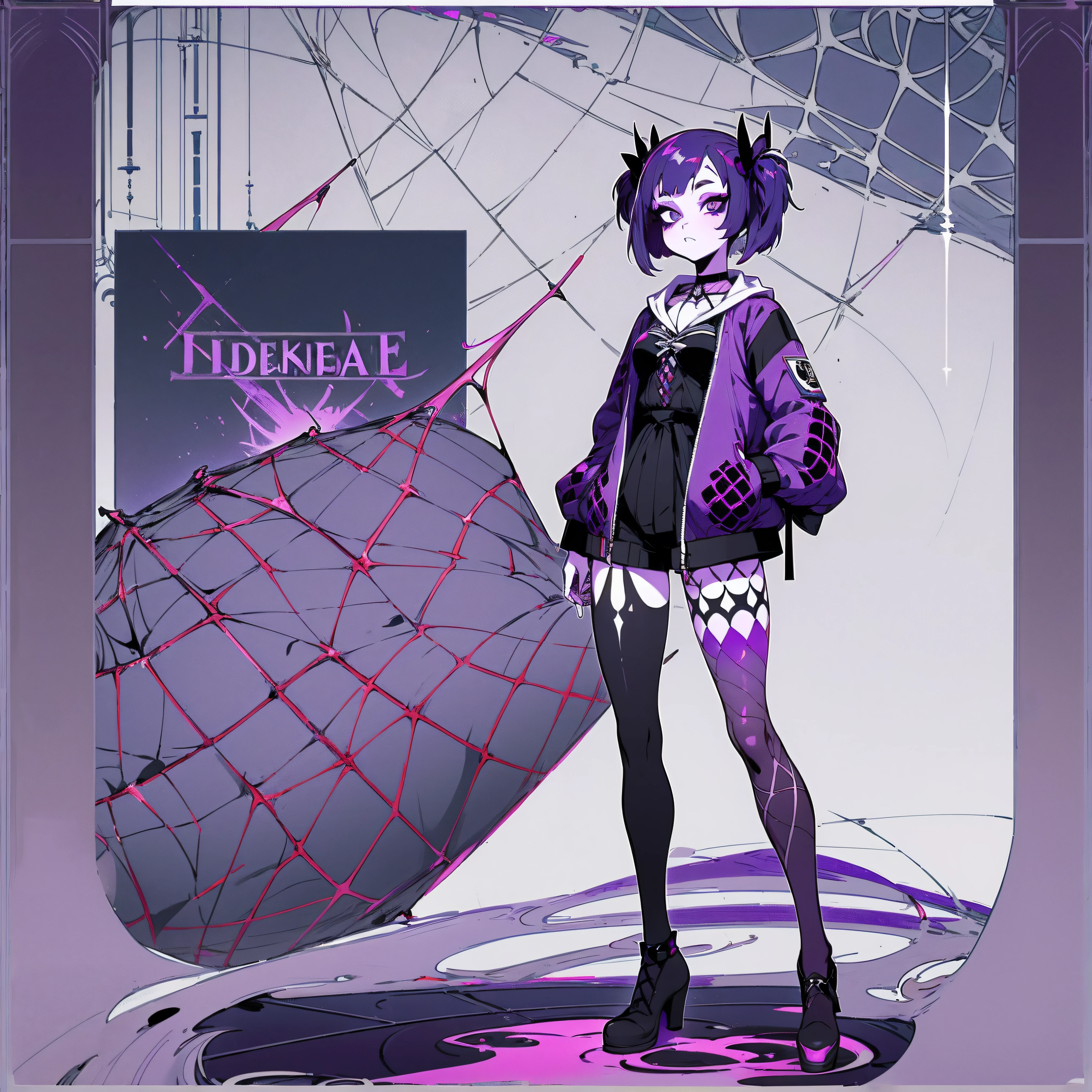 Muffet，jk style，bags under eyes,eyeliner,makeup，Full body standing painting，Purple skin，goth girl，dressed indecently，beach sexy bikini，down jacket，Full body standing painting，Two-dimensional anime style，Purple spiders，Spider Girl，Pattern，cobweb