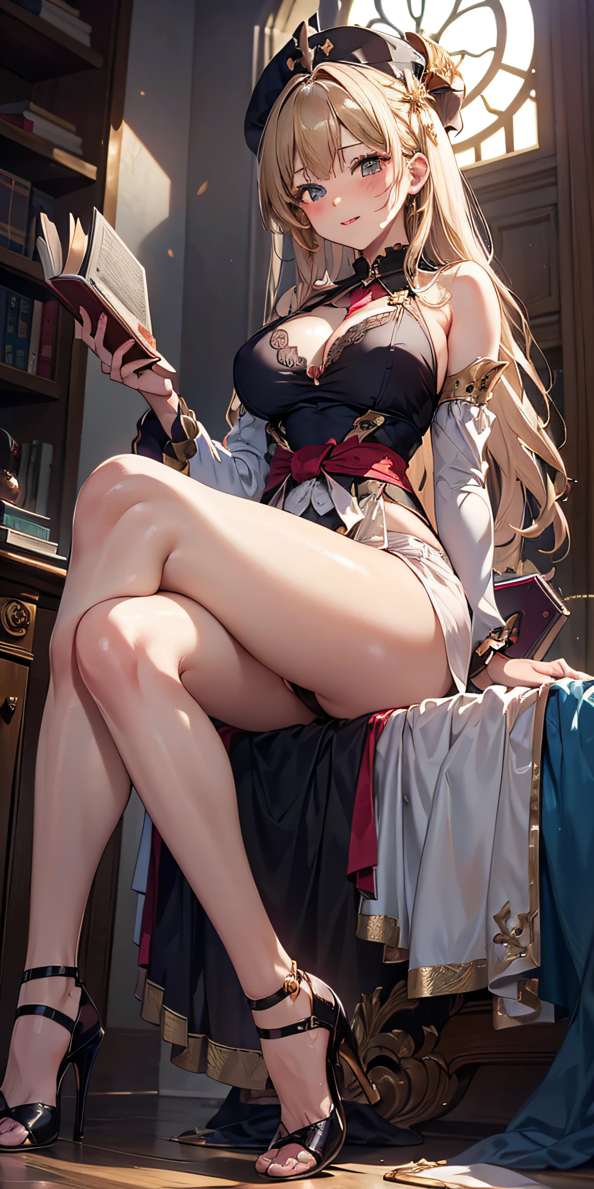 masutepiece, Best Quality,  the Extremely Detailed CG Unity 8K Wallpapers, Beauty Priestess Costume, Long dark blonde wavy hair、White lace dress, (Long flared skirt), Medium milk,  Puffy nipple、Blushing, Shy laughter, Bare shoulders、sexy hips、Sexy underwear、Black High Heels、Luxurious magic wand and book、Church of the castle、sexy  pose、(Poses that emphasize the buttocks)