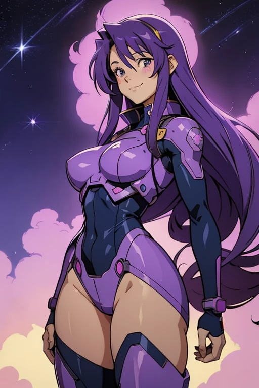 purple color hair、length hair、Star Mark、Blue Pilot Suit、Cute Girls in Anime, 80s anime fog, animesque, Painting style of the 1980s, Smiling,, Action Anime, thick thighs,large full breasts、enchanting posture、sexy pose、
