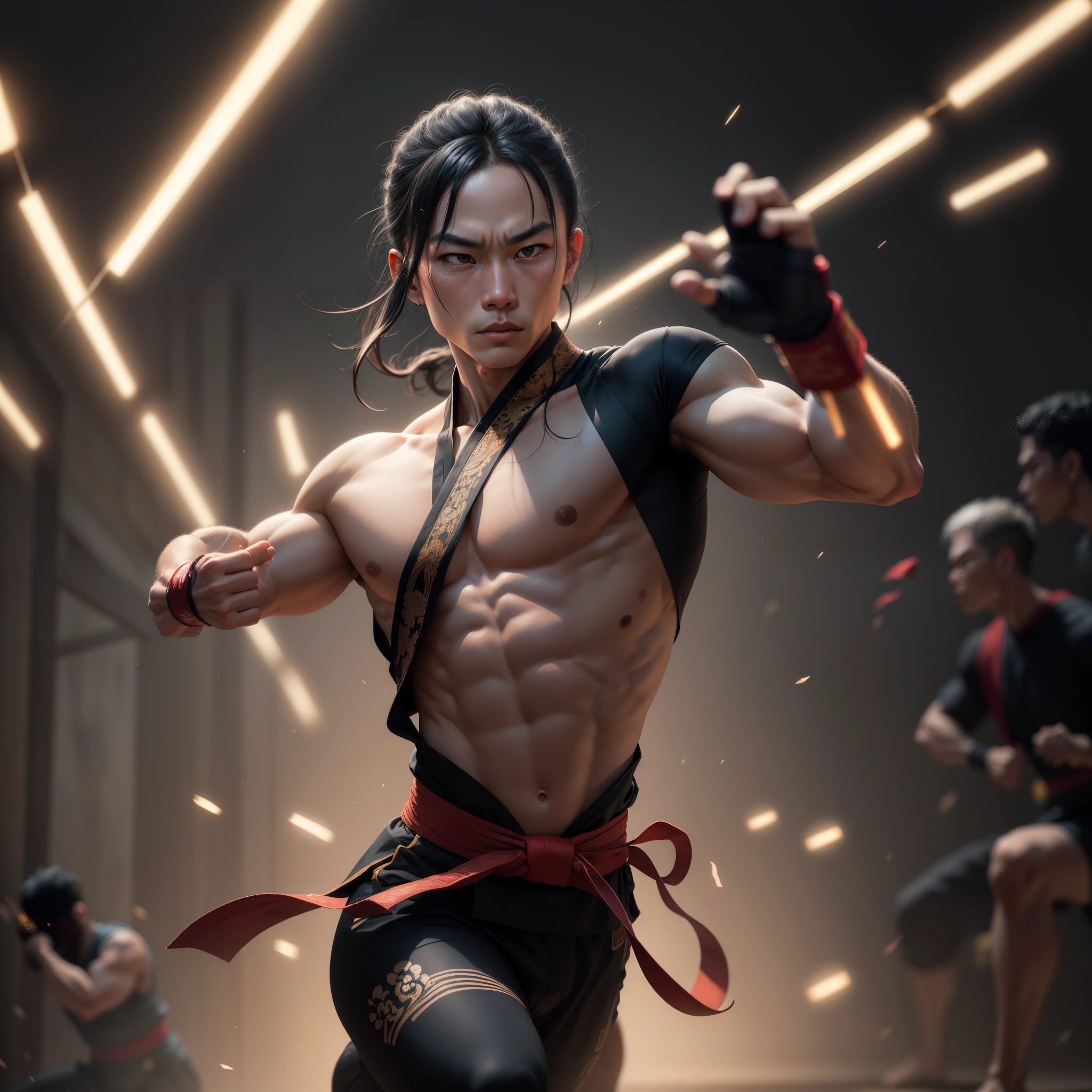 "Please describe a Vietnamese martial artist in a strong and determined posture, using colors and lighting to celebrate the traditional martial spirit."