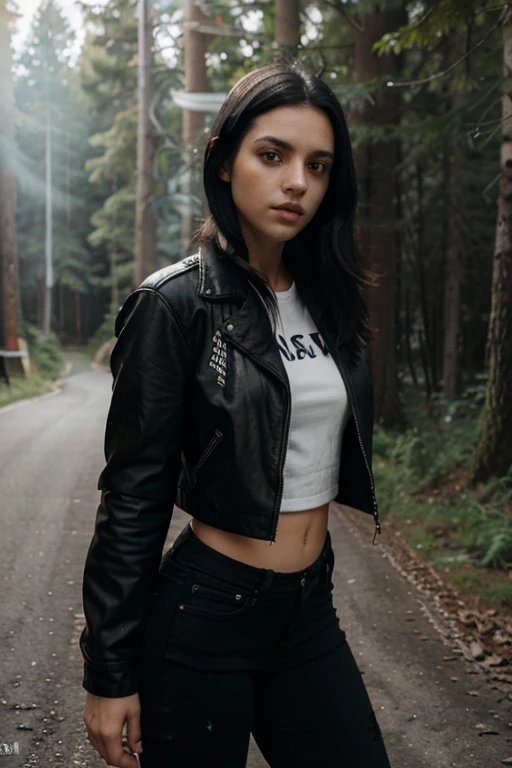Woman, young, white, black hair and dark eyes, wearing a short black leather jacket, black jeans and white sneakers, the woman looks straight, in the background a forest road and forest green, smoke from orange and black smoke candles, very high quality , ultra realistic, photography, bokeh