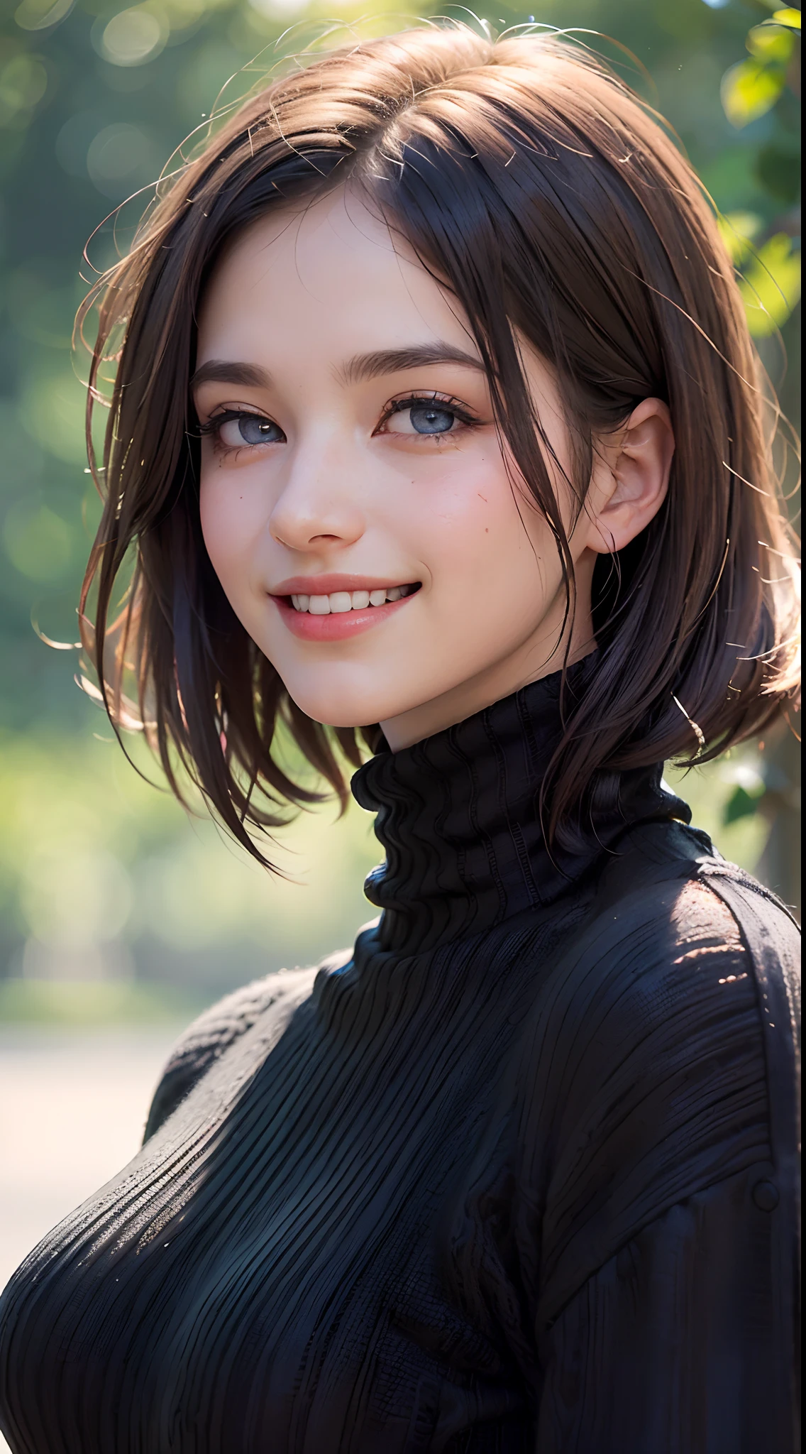 (best quality, 4k, 8k, high-res, masterpiece:1.2), ultra-detailed, (realistic, photorealistic, photo-realistic:1.37), (beautiful detailed eyes, beautiful detailed lips, extremely detailed eyes and face:1.5), studio lighting, physically-based rendering, vivid colors, (big tits, super big tits, super extra big tits), (black turtleneck knit:1.5), (portrait, smile and laugh:1.5), (bob cut, brown hair, hair blowing in the wind, shiny hair, shiny skin), (blurred background:1.37), (tilt your head to the side:1.5),
