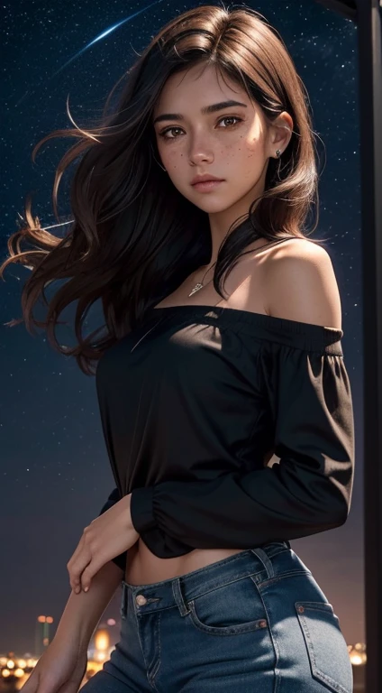 Sad young female; glowing amber eyes, dark brown hair drifting in the wind, light freckles, glistening tears, looking longingly into the viewer's eyes; deeply in love with the viewer, dilated pupils; wearing a fitted black off shoulder blouse and blue jeans, upset with herself for having hurt the viewer; feeling vulnerable and insecure; gentle hand gesture; detailed skin, visible pores; toned slender physique; star studded night sky background; tender moment, mix of warm and cold tones