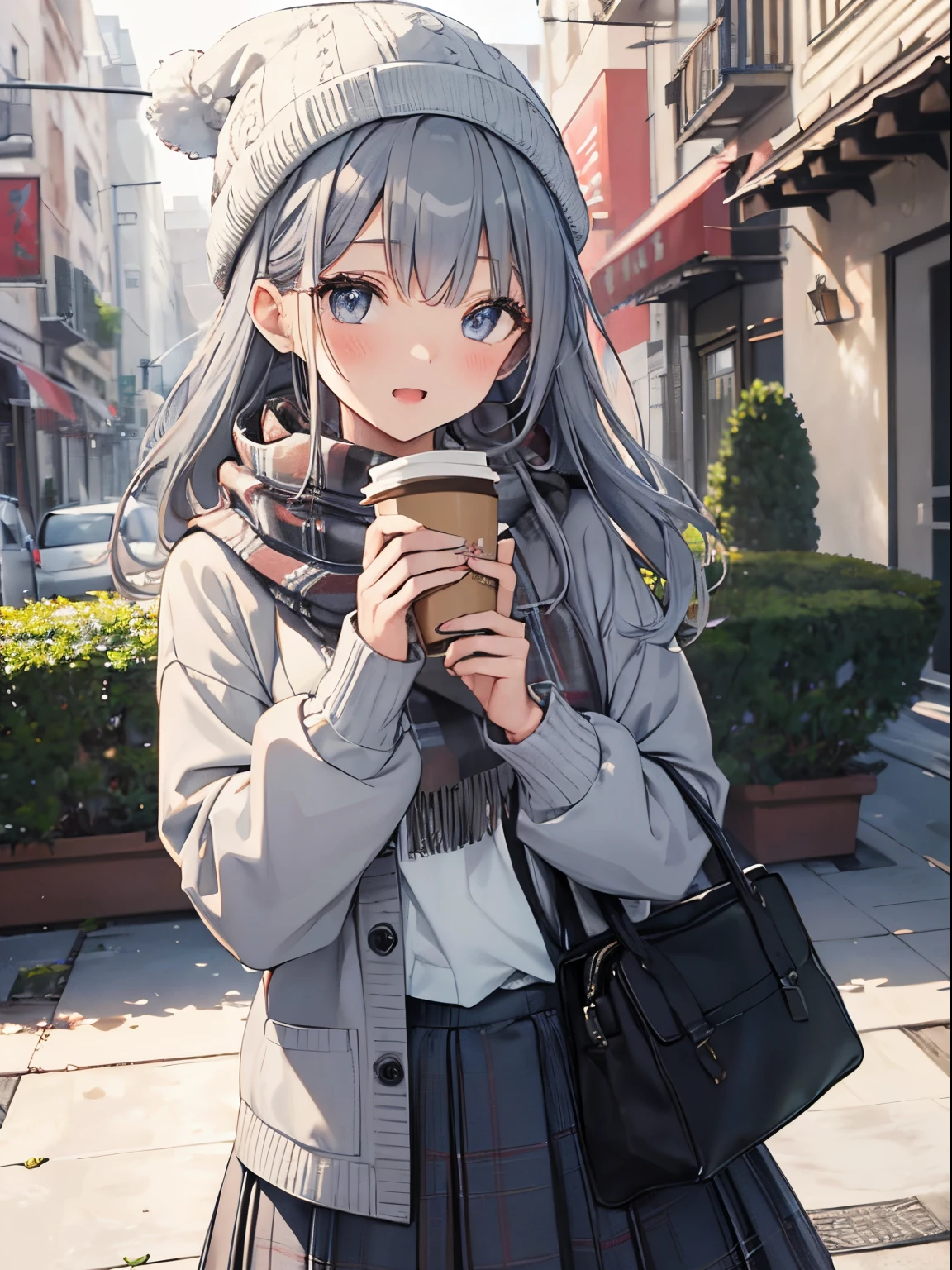 (1girl in),(beautiful eyes finely detailed、Face to detail、masterpiece sidelighting、​masterpiece、top-quality、detaileds、High resolution illustration),Woman facing the front with her whole body,Delicate Makeup, (a closeup:1.2)、POV、softfocus、Background bokeh、Turn to me and smile,Black eyes,Half-up hair with short bangs(((,Hair color is a blue-gray gradient))), BREAK (Colored leaves), Bangs,, blush, gray scarf、skirt by the, Cardigan, Sweaters、muffler、Moe Sleeve、Coffee, cup, Disposable cups, Drink, Falling leaves, Beanie, Holding, Hold drinks, Long sleeves, Looking at Viewer, open cardigan, Open mouth, Plaid, plaid skirts, puffy long sleeves, Red Sweater, scarf,, side locks, Skirt, Smile, Solo, Sweaters, Extremely detailed, Convoluted, masutepiece, absurderes