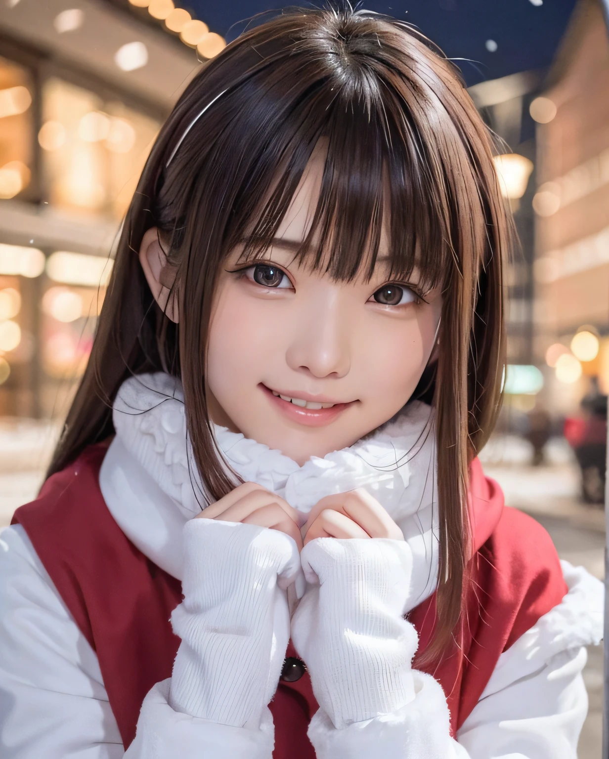 (A close-up of one girl is、I have long hair with dull bangs in a winter uniform and scarf coat:1.5)、(One girl with a shy smile、Holding a gift box with gloves in hand:1.5)、(Snowy winter night street corner with Christmas lights:1.5)、(Perfect Anatomy:1.3)、(No mask:1.3)、(complete fingers:1.3)、Photorealistic、Photography、masutepiece、top-quality、High resolution, delicate and pretty、face perfect、Beautiful detailed eyes、Fair skin、Real Human Skin、pores、((thin legs))、(Dark hair)