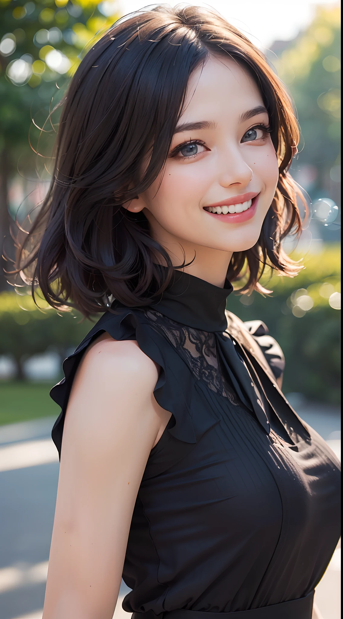 (best quality, 4k, 8k, high-res, masterpiece:1.2), ultra-detailed, (realistic, photorealistic, photo-realistic:1.37), (beautiful detailed eyes, beautiful detailed lips, extremely detailed eyes and face:1.5), studio lighting, physically-based rendering, vivid colors, (big tits, super big tits, super extra big tits), (black casual blouse:1.5), (portrait, smile and laugh:1.5), (bob cut, brown hair, hair blowing in the wind, shiny hair, shiny skin), (blurred background:1.37), (tilt your head to the side:1.5),