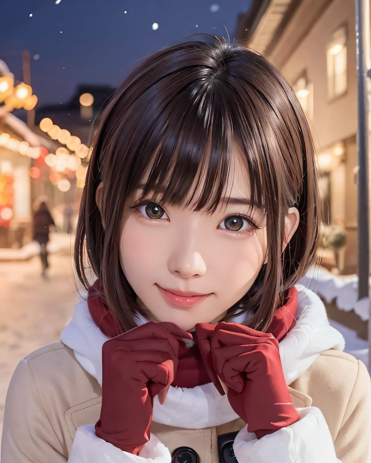 (A close-up of one girl is、I have long hair with dull bangs in a winter uniform and scarf coat:1.5)、(One girl with a shy smile、Holding a gift box with gloves in hand:1.5)、(Snowy winter night street corner with Christmas lights:1.5)、(Perfect Anatomy:1.3)、(No mask:1.3)、(complete fingers:1.3)、Photorealistic、Photography、masutepiece、top-quality、High resolution, delicate and pretty、face perfect、Beautiful detailed eyes、Fair skin、Real Human Skin、pores、((thin legs))、(Dark hair)