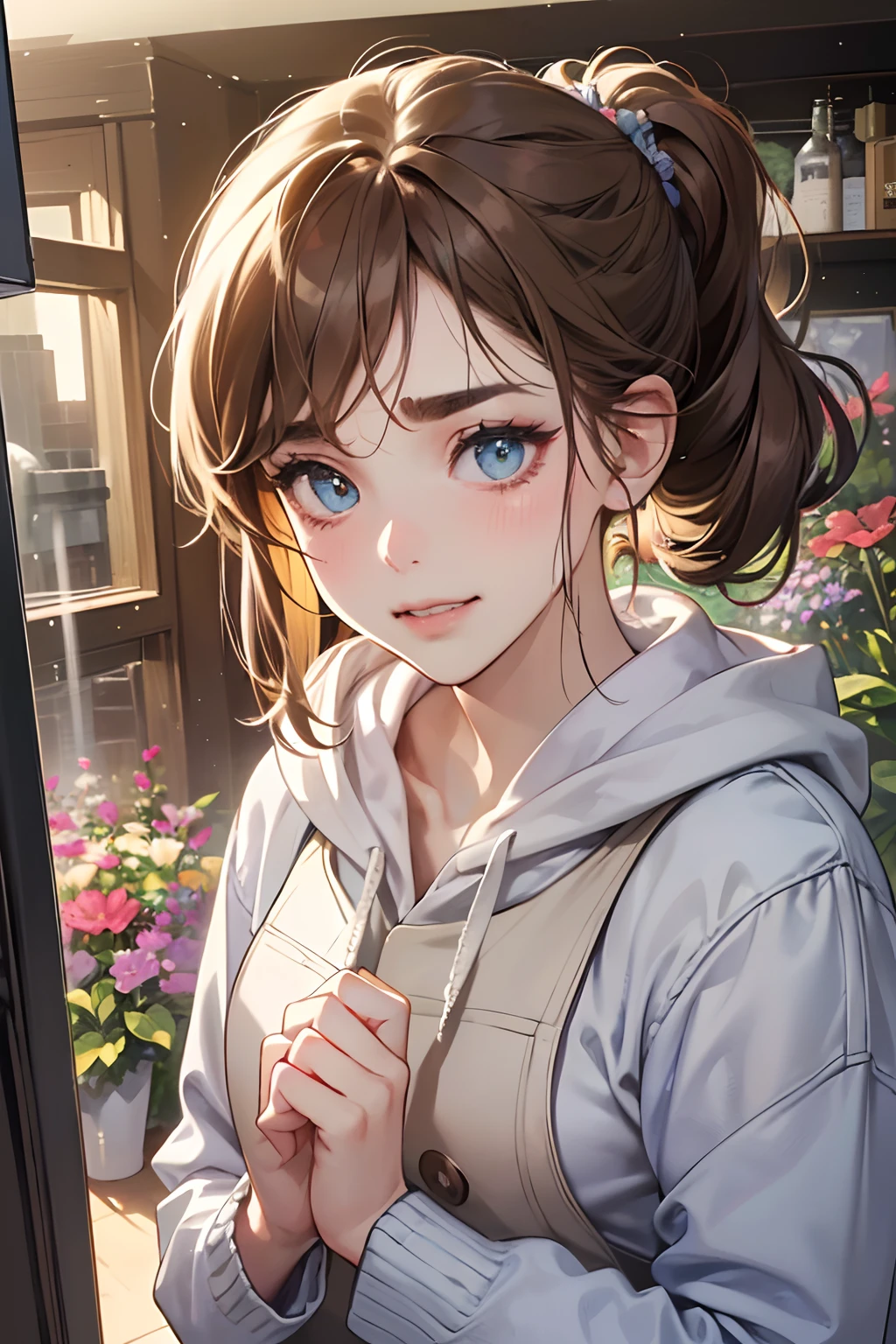 (masutepiece, Digital Art, Digital Illustration, 4K, 8K, Ultra-detailed, beautiful image, Sharp Image, Photorealistic, Raw photo, Perfect face, Perfect lines, Perfect eyes, Soft lighting) 1 woman, (lightbrown hair,Chignon Hair,Innocent look,drooping eyebrows,drooing eyes,with round face,Round jaws、Innocence,cute little,big eye,natural make up,kindly smile,E-cup,23 y-o woman:1.3),Two handsome men in suits, (ember,Men in suits,well-muscled,Firm shoulder width,Adult male,Boyish hairstyle,Man in his 30s with a cool expression,28-year-old man with bright smile:1.2),Flower Shop,In the storefront of a florist,Flower Cottage,colorful flower,Skinny Denim,Oversized hoodies,Feminine white shirt,Rough knit,(Nervous,be shy,sleepy,embarrassed from:1.1),Open your thin mouth,pinafore,Standing picture,floral arrangements
