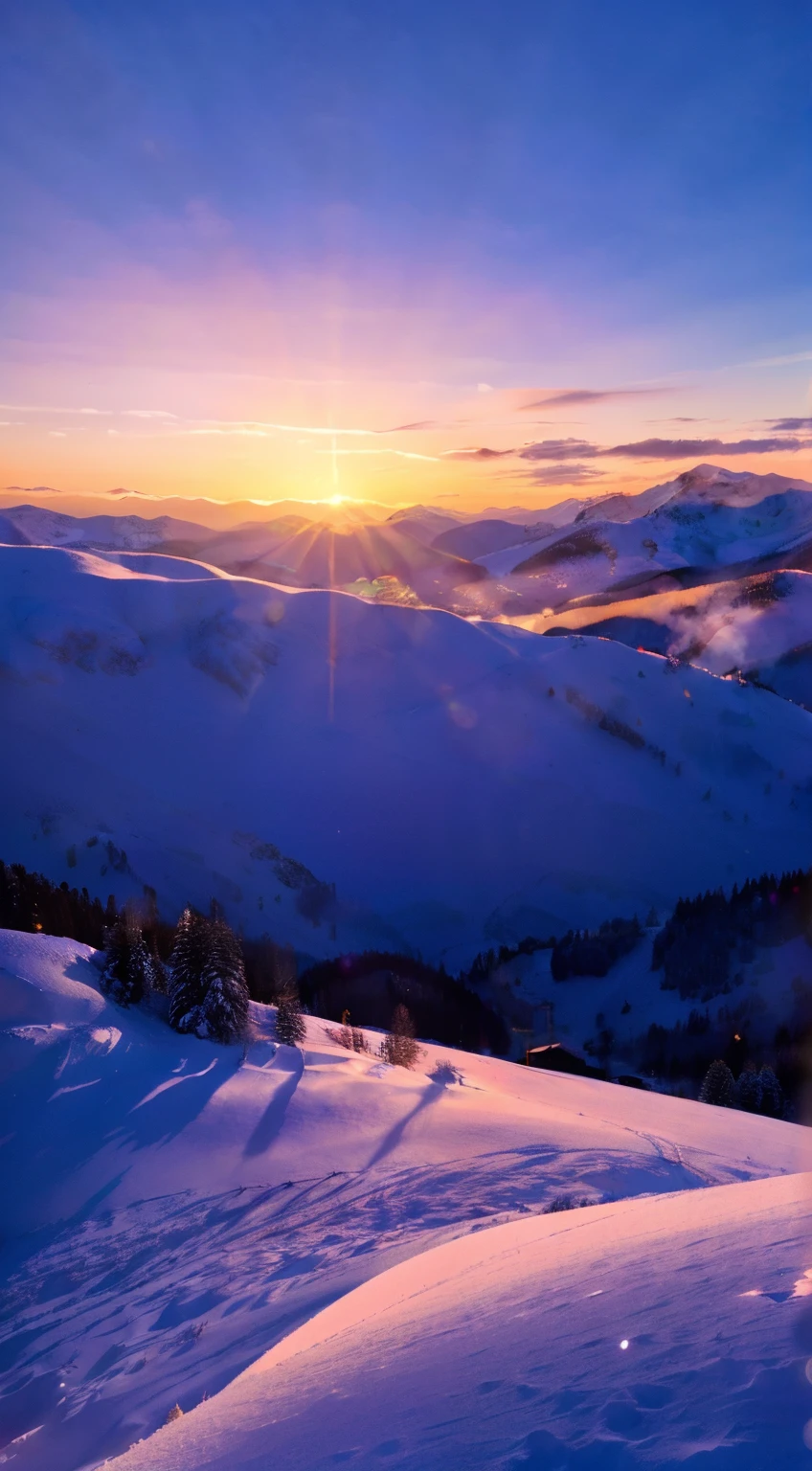 arafed view of a snowy mountain with a sunset in the distance, snowy hill at sunrise, mountain sunrise, cold sunset, mountains and colorful sunset!!, beautiful snowy landscape, sun rises between two mountains, beautifully lit landscape, carpathian mountains, beautiful sunrise, warm beautiful scene, glowing snow, sun rays through snow, sunrise colors, vibrant sunrise