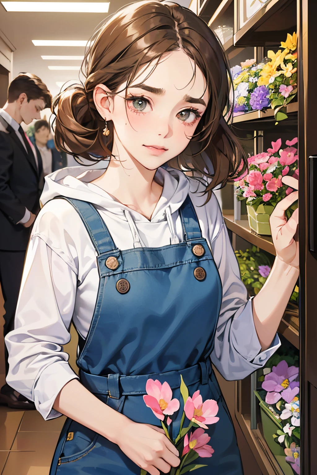 (table top, digital art, digital illustration, 4K, 8K, super detailed, beautiful images, clear image, realistic, RAW photo, perfect face, perfect lines, perfect eyes, soft lighting) 1 female, (light brown hair,chignon hair,innocent look,droopy eyebrows,With a round face,Round jaws、innocence,cute,Big eyes,natural makeup,smile gently,E cup,23 year old female:1.3),Two handsome men in suits, (human,Men in suits,muscular,Firm shoulder width,  mannish hairstyle,A man in his 30s with a cool expression,28-year-old man with bright smile:1.2),flower shop,flower shopの店先で,Flower Cottage,colorful flowers,lots of flowers、couple dancing、denim、country style、