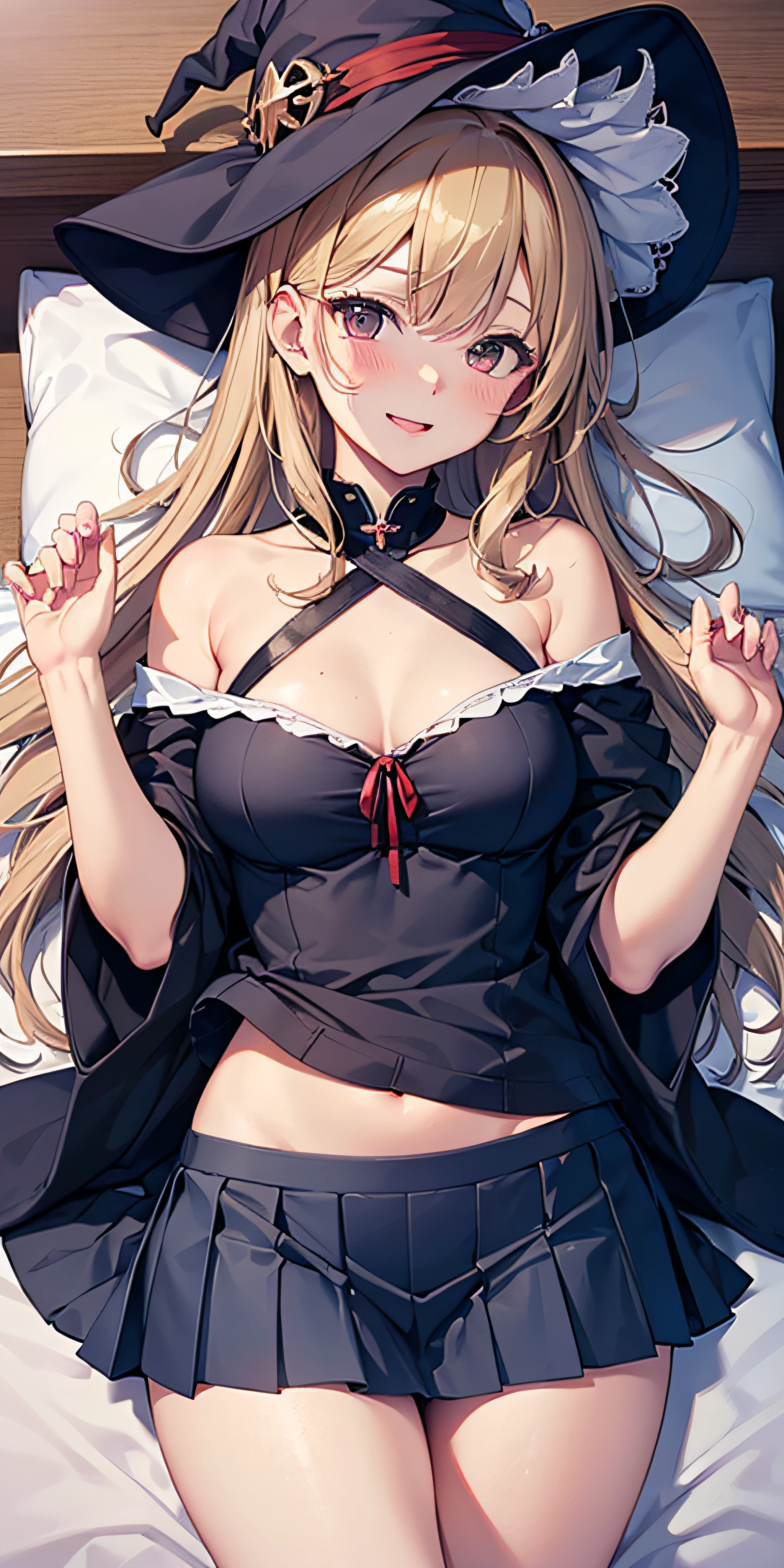 masutepiece, Best Quality, the Extremely Detailed CG Unity 8K Wallpapers, Sexy Witch Cosplay, Long dark blonde wavy hair、off-shoulder knit, (darkblue pleated skirt), Medium milk, Blushing, Shy laughter, Bare shoulders、sexy hips、Sexy red underwear、((Clothing disorder))、Church Beds、on the beds、Raise your hands