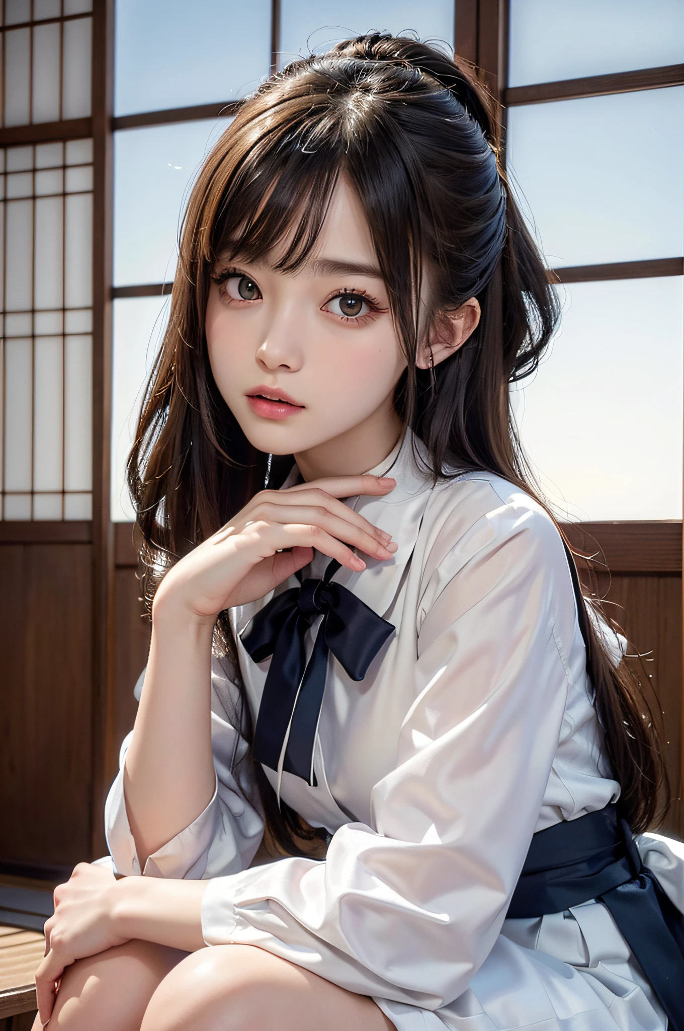 (Raw photo:1.2), (Photottorial,:1.4), a beautiful detailed girl, extremely detailed eye and face, beatiful detailed eyes, Ridiculous, unbelievable Ridiculous, huge filesize, ultra-detailliert, hight resolution, ighly detailed, best qualtiy, masuter piece, , Kemomimi, ((Japan Girls' High School Uniform)),, ighly detailed, UHQ, unification, 8k wallpaper, magnifica, finely detail, masuter piece,, best qualtiy, Highly detailed UHQ uniform 8k wallpaper, Light on the face、电影灯光、 girl、((dynamicposes))、(half)、(panthyhose、、、、)、(Sit on your legs with your knees bent))、shorth hair、long neck、Put your ears out、bangss、big eye、Lashes、cute little、a very cute