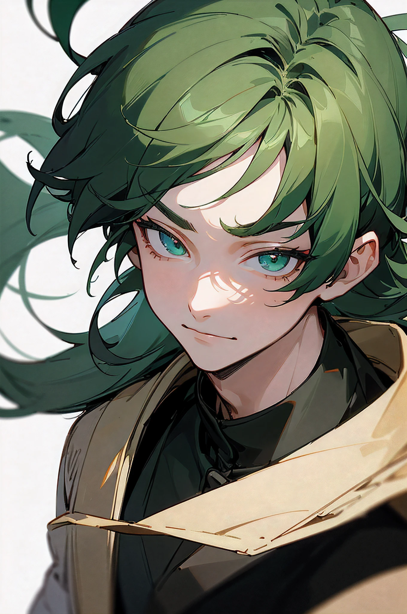 (Best quality, Masterpiece), 1 boy, (Simple white background: 1.2), Black and green hair, Handsomeness in ancient China, Upper body, ID photo, Close-up, Long hair,,A cunning face