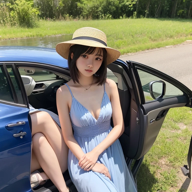 20yr old、femele、Knee-length dresses、country road、Shorthair、Get out of the car、a straw fedora hat
