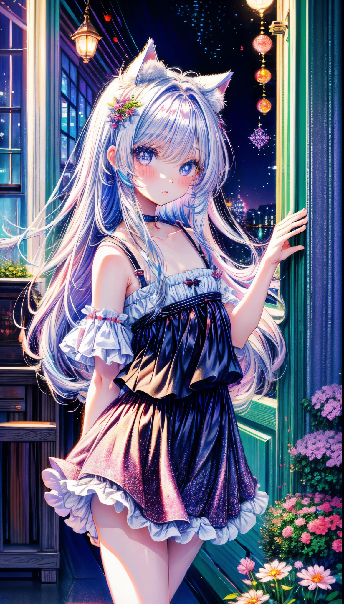 masterpiece, best quality, extremely detailed, (illustration, official art:1.1), 1 girl ,(((( light blue long hair)))), ,(((( light blue long hair)))),light blue hair, ,10 years old, long hair ((blush)) , cute face, big eyes, masterpiece, best quality,(((((a very delicate and beautiful girl))))),Amazing,beautiful detailed eyes,blunt bangs((((little delicate girl)))),tareme(true beautiful:1.2), sense of depth,dynamic angle,,,, affectionate smile, (true beautiful:1.2),,(tiny 1girl model:1.2),)(flat chest)),tank top, sleeveless、 cute,slutty,erotic,(((nsfw))), zettai ryouiki,revealing clothing,show skin,((rave tank top, sleeveless,neon colored shirt,rave mini-skirt,visible thong straps)),((underpants strap)),(wearing a rave outfit:1.3,rave clothes,semi-naked,with little clothing),((wet clothes,intricate outfit,intricate clothes)), (dynamic pose:1.0),solo focus,embarrassed,(centered,scale to fit dimensions,Rule of thirds), cyberpunk city by the ocean at night, with bright neon signs and dark stormy clouds and puddles, scenery:1.25,nighttime, starry night, cosmos,Very dark night that makes the neon lights stand out, very bright neon lights,nighttime, starry night, cosmos, artistic photography,(photography taken by sldr),highres, sharp focus, (ultra detailed, extremely detailed), (photorealistic artwork:1.37),(extremely detailed CG unity 8k wallpaper),((synthwave background theme)),(((vibrant colors))),(intricate background),(masterpiece),(best quality)